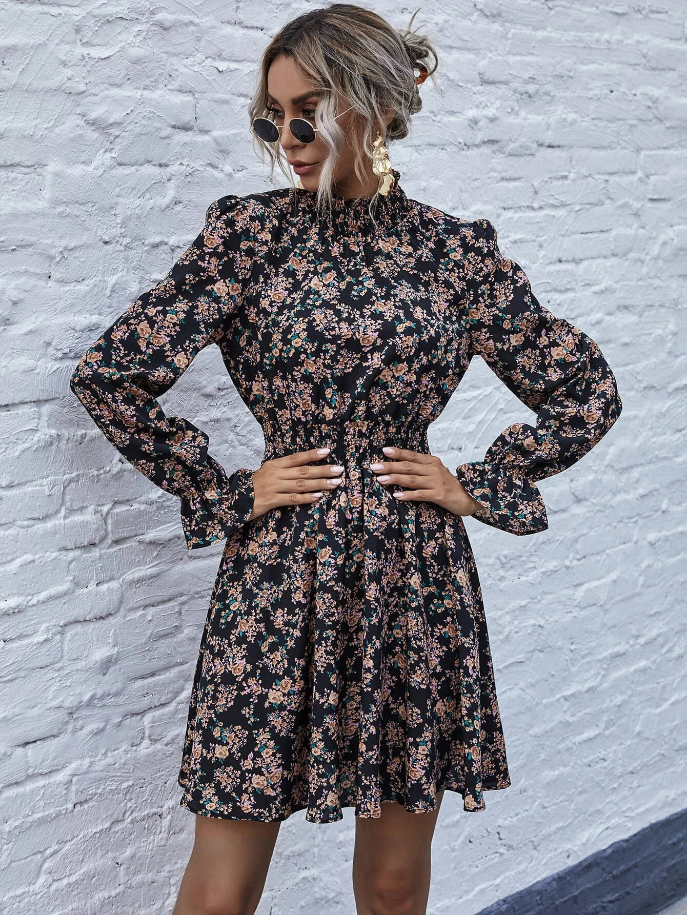 AAPSKA Women Rayon Printed Fit & Flare Dress ( Black )