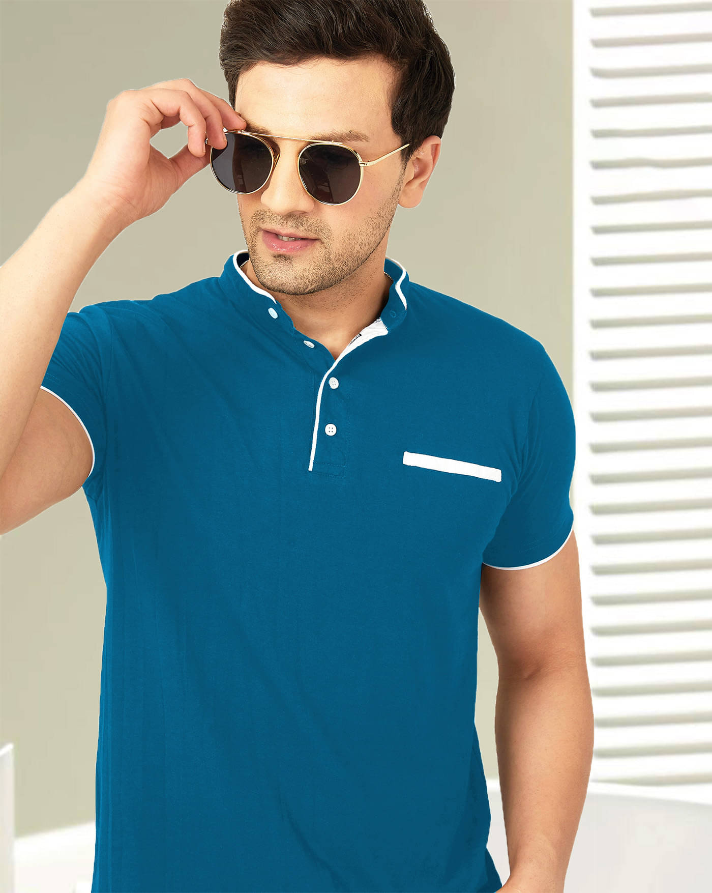AOOSH Cotton Blend Regular Fit Solid Half Sleeves Men's Mandarin Collar T-Shirt - Teal Blue ( Pack of 1 ) AOOSH Cotton Blend Regular Fit Solid Half Sleeves Men's Mandarin Collar T-Shirt - Teal Blue ( Pack of 1 )