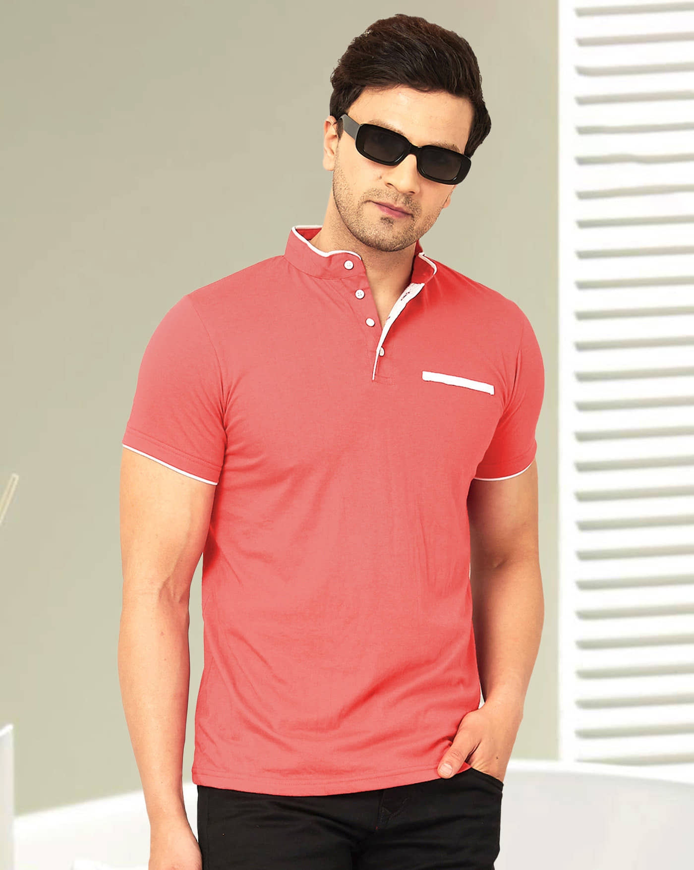 AOOSH Cotton Blend Regular Fit Solid Half Sleeves Men's Mandarin Collar T-Shirt - Teal Blue ( Pack of 1 )