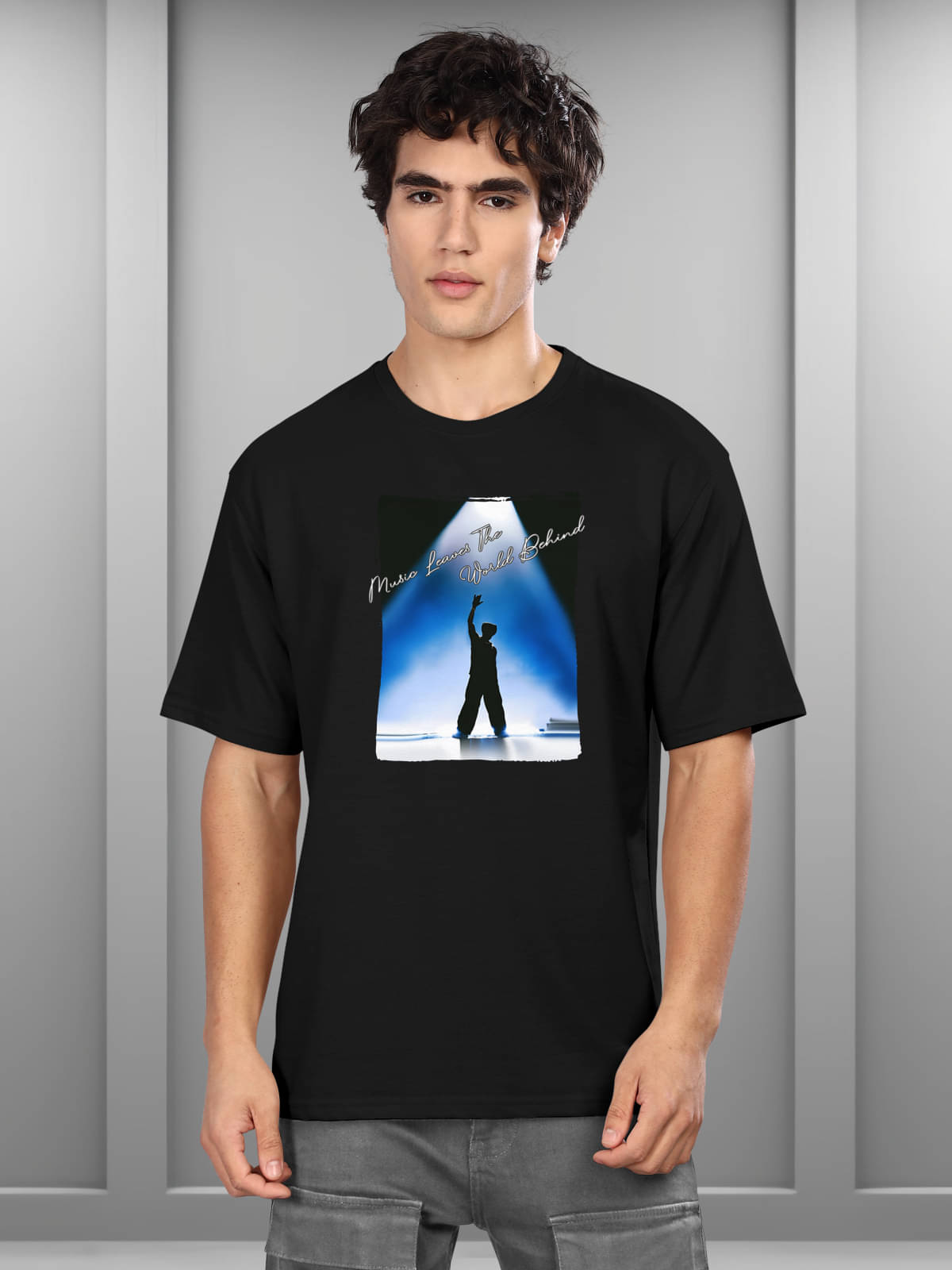     			BULLMER Cotton Blend Oversized Fit Printed Half Sleeves Men's Round T-Shirt - Black ( Pack of 1 )