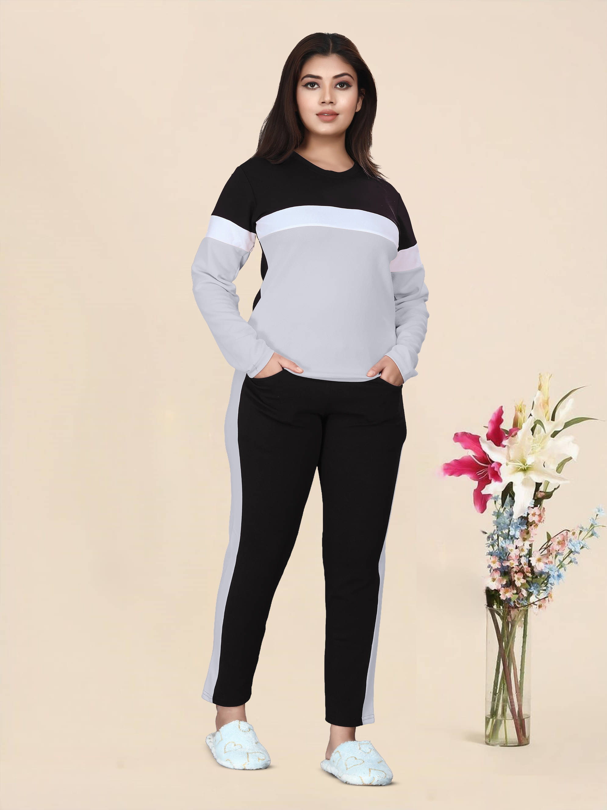     			DTR FASHION Grey Cotton Blend Striped Tracksuit - Pack of 1