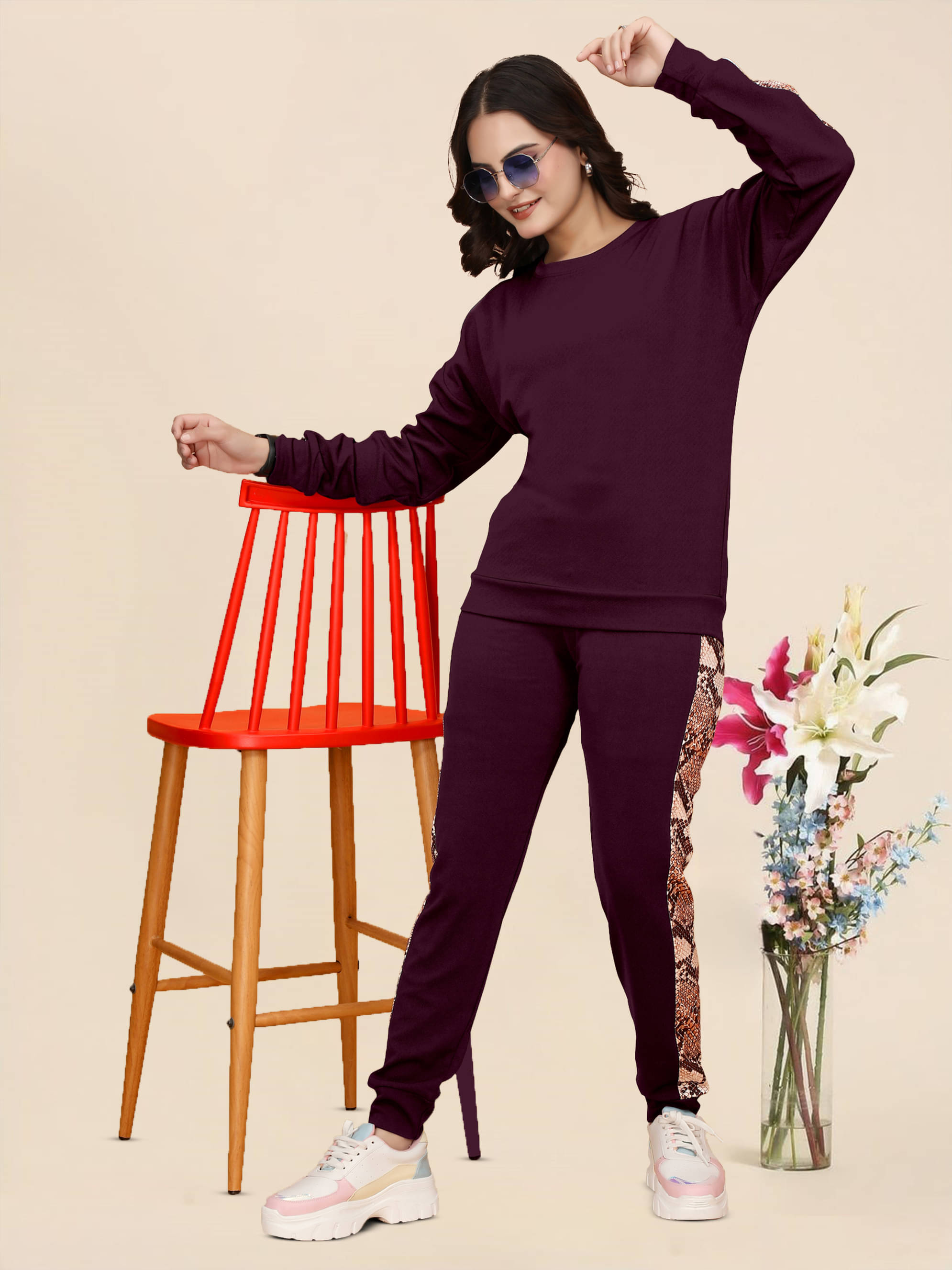     			DTR FASHION Maroon Cotton Blend Striped Tracksuit - Pack of 1