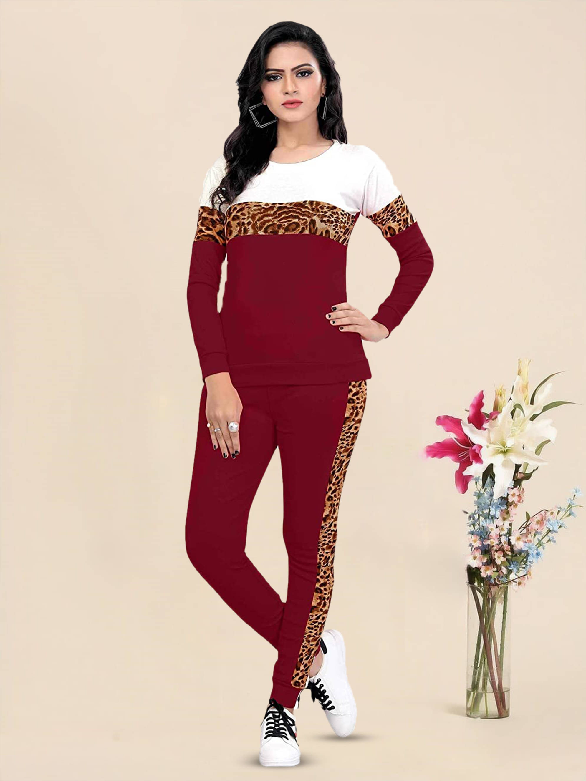     			DTR FASHION Maroon Cotton Blend Striped Tracksuit - Pack of 1