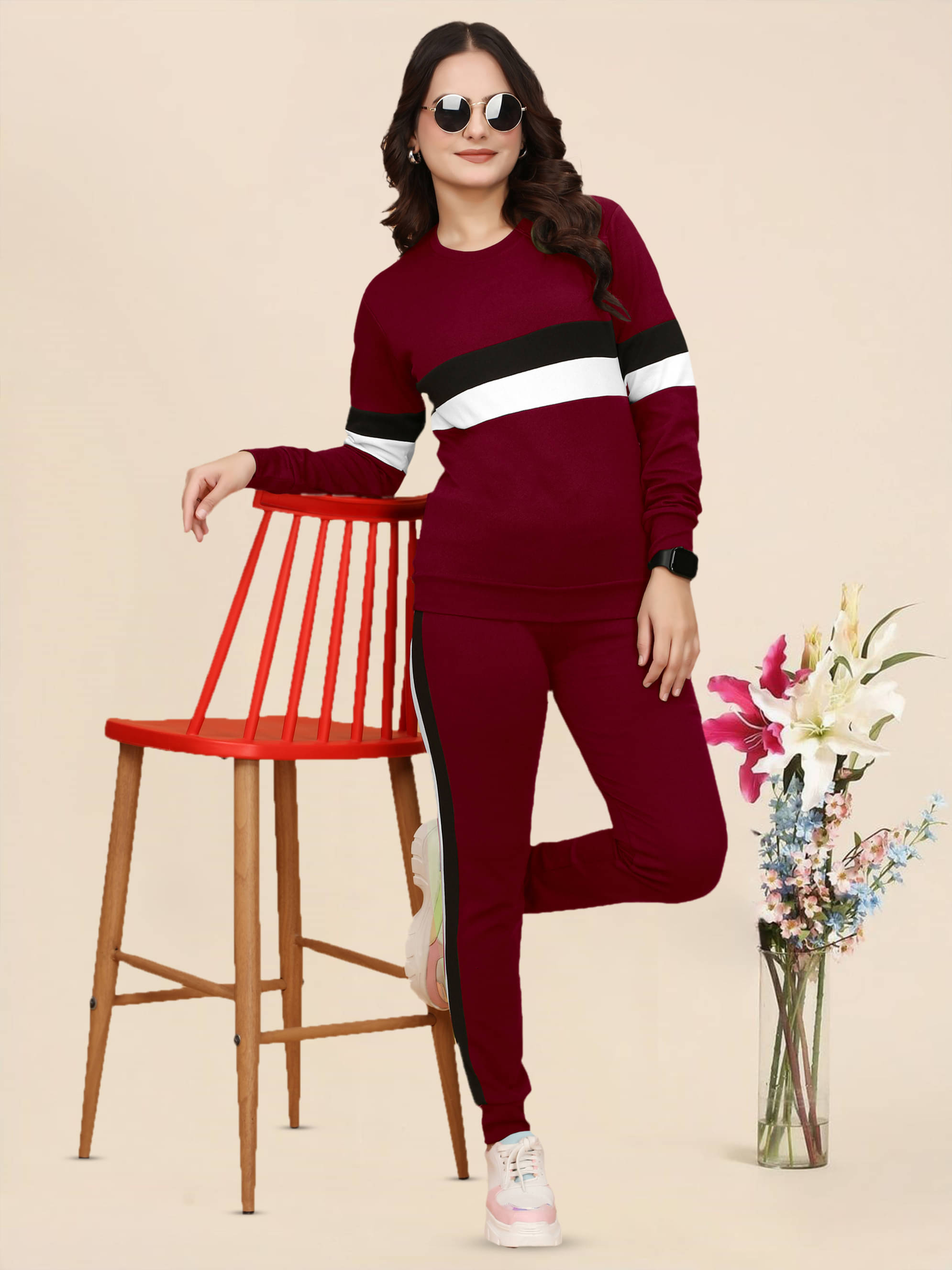     			DTR FASHION Maroon Cotton Blend Striped Tracksuit - Pack of 1