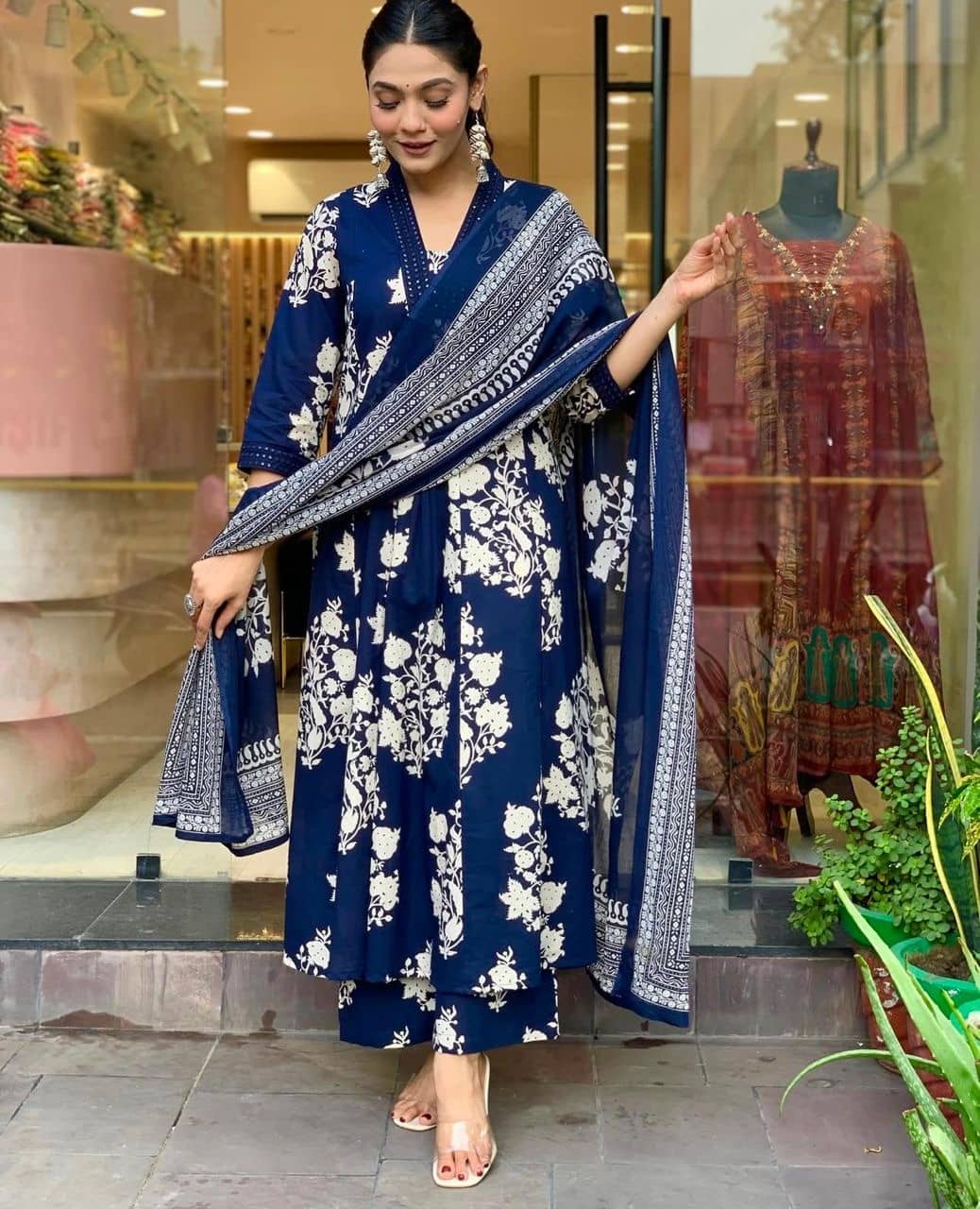 Heavenly Attire Cotton Printed Kurti With Palazzo Women's Stitched Salwar Suit - Blue ( Pack of 1 )