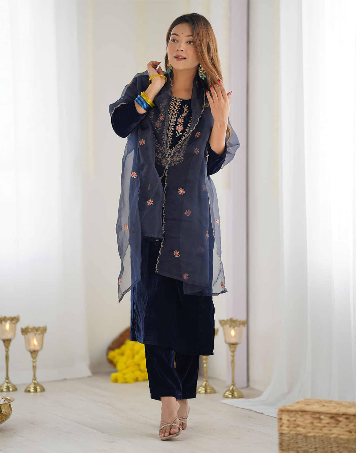 Trijal Fab Velvet Embroidered Kurti With Pants Women's Stitched Salwar Suit - Navy Blue ( Pack of 1 )     			Trijal Fab Velvet Embroidered Kurti With Pants Women's Stitched Salwar Suit - Navy Blue ( Pack of 1 )