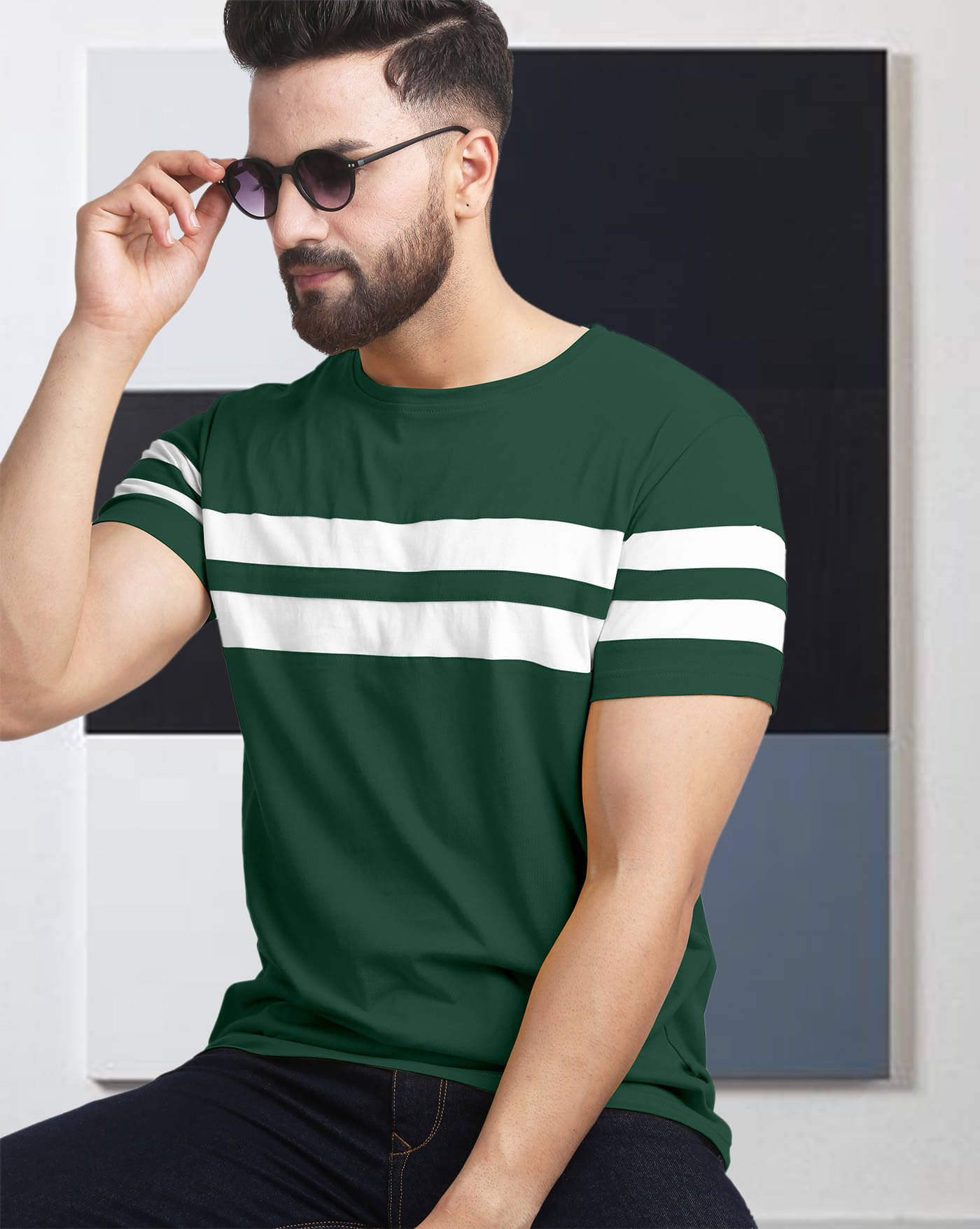     			AOOSH Cotton Blend Regular Fit Striped Half Sleeves Men's Round T-Shirt - Dark Green ( Pack of 1 )