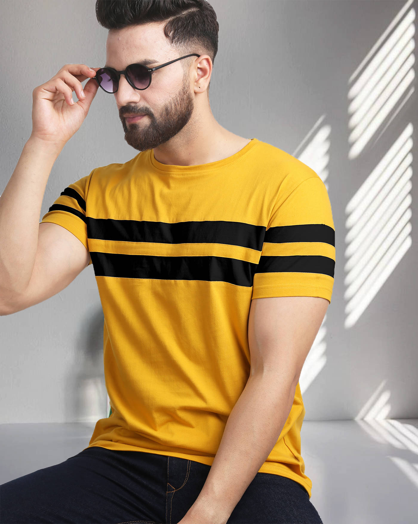     			AOOSH Cotton Blend Regular Fit Striped Half Sleeves Men's Round T-Shirt - Mustard ( Pack of 1 )