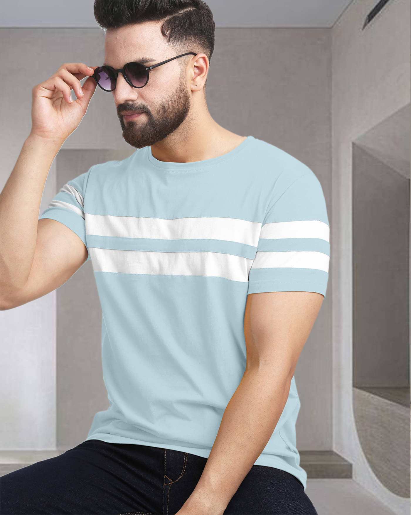     			AOOSH Cotton Blend Regular Fit Striped Half Sleeves Men's Round T-Shirt - Light Blue ( Pack of 1 )
