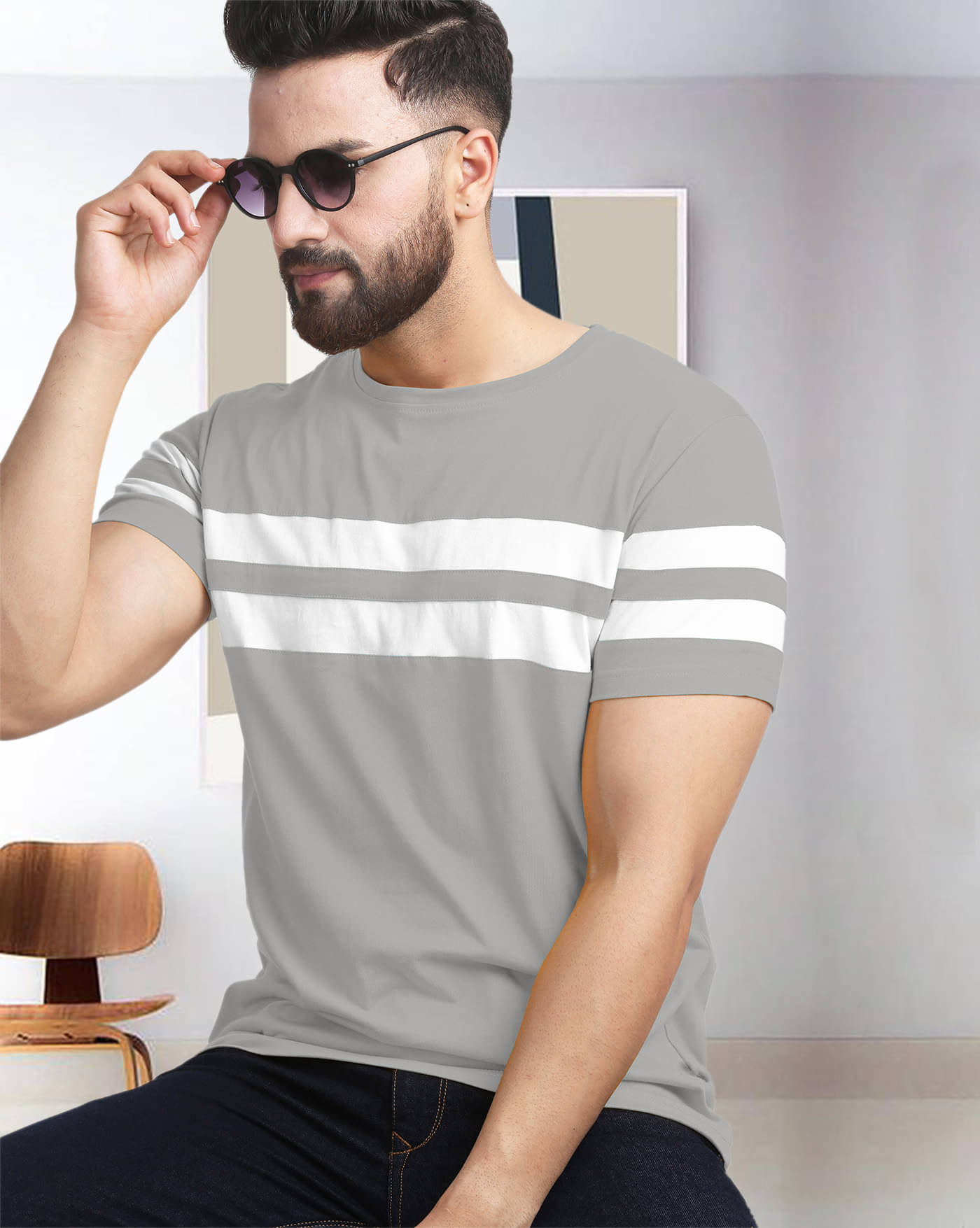     			AOOSH Cotton Blend Regular Fit Striped Half Sleeves Men's Round T-Shirt - Grey ( Pack of 1 )