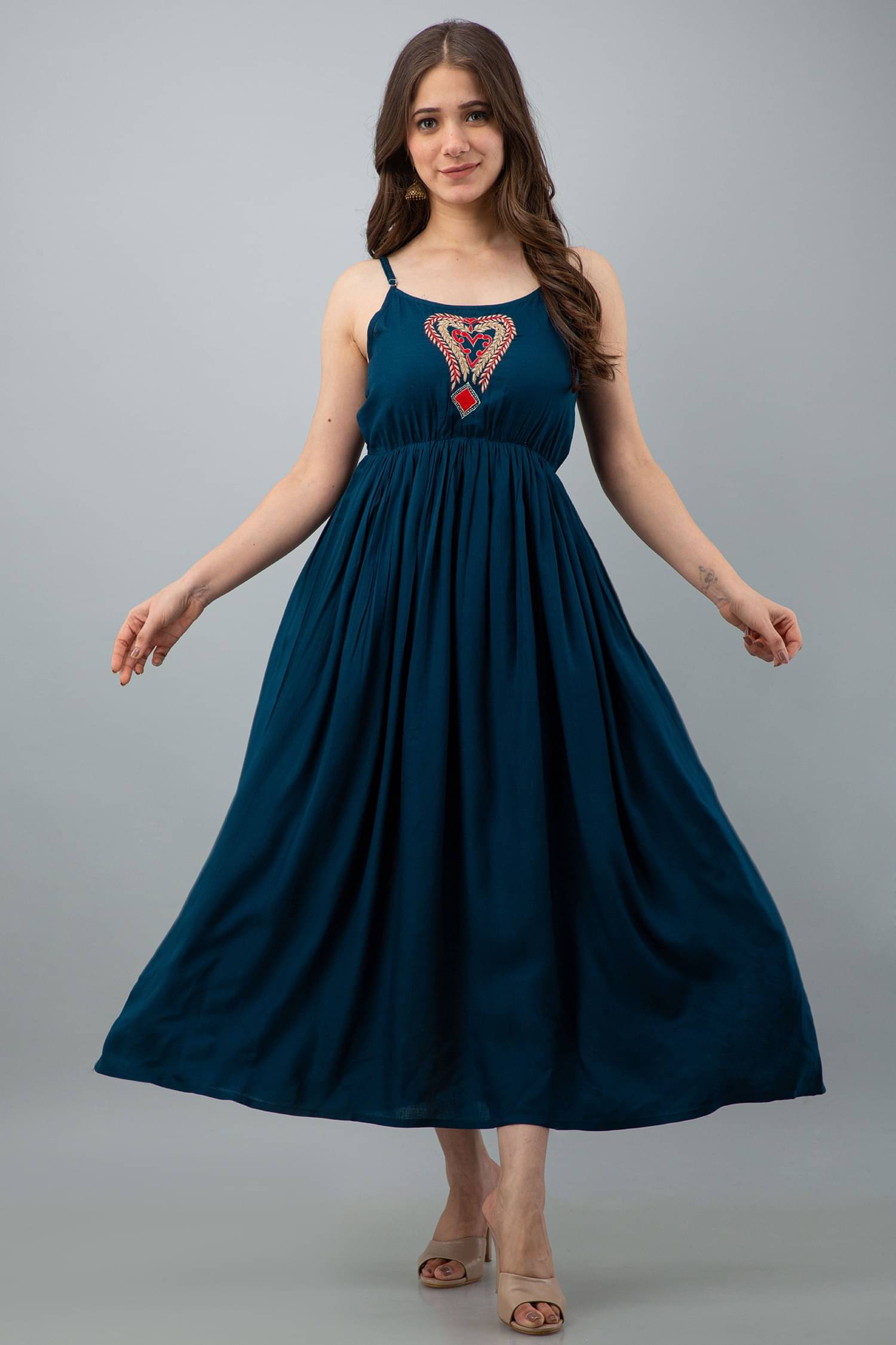 Bhawanaprint Women Viscose Rayon Embroidered Fit & Flare Dress ( Dark Blue ) Bhawanaprint Women Viscose Rayon Embroidered Fit & Flare Dress ( Dark Blue )