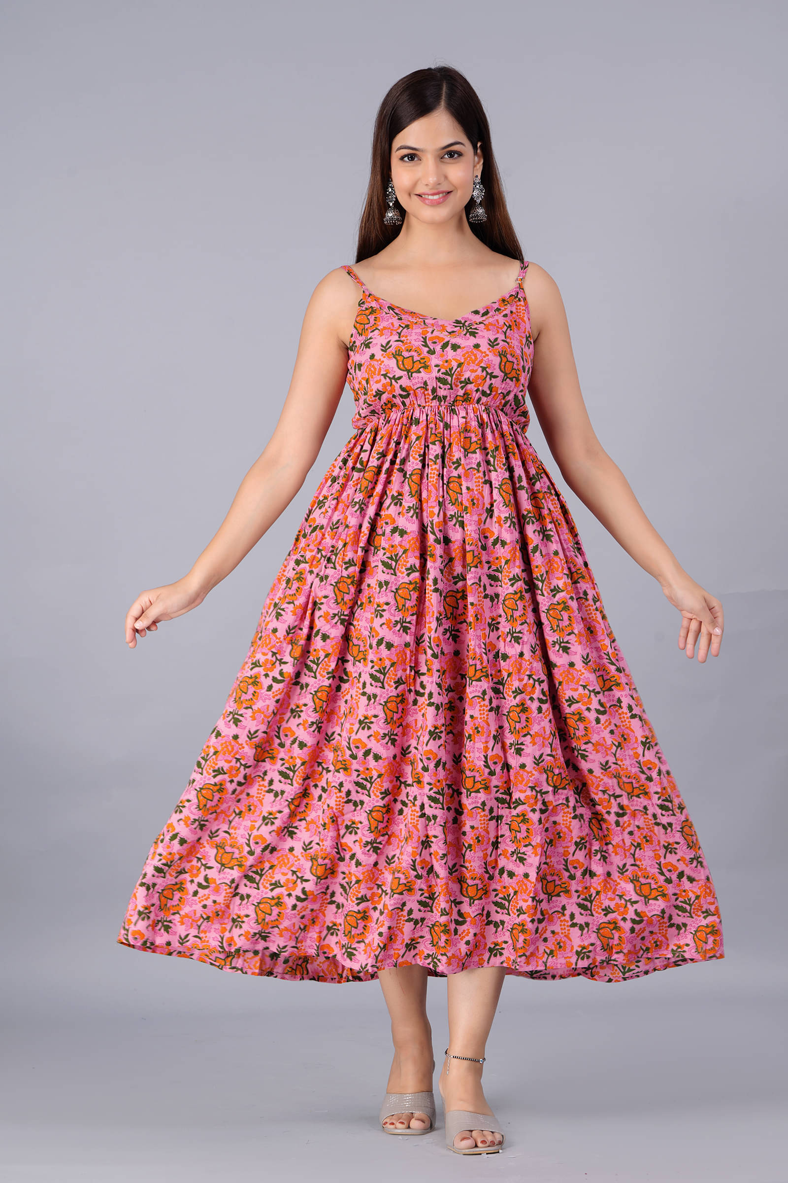 Bhawanaprint Women Viscose Rayon Printed A-line Dress ( Peach ) Bhawanaprint Women Viscose Rayon Printed A-line Dress ( Peach )