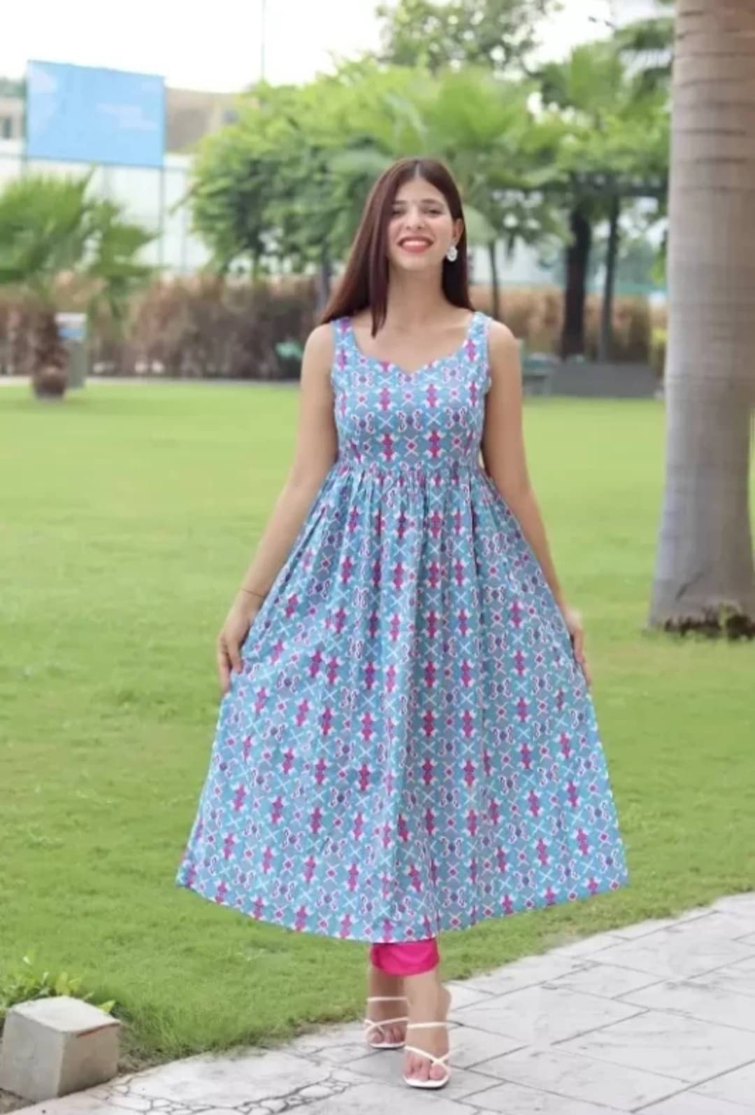 Bhawanaprint Women Viscose Rayon Printed Gown ( Blue ) Bhawanaprint Women Viscose Rayon Printed Gown ( Blue )