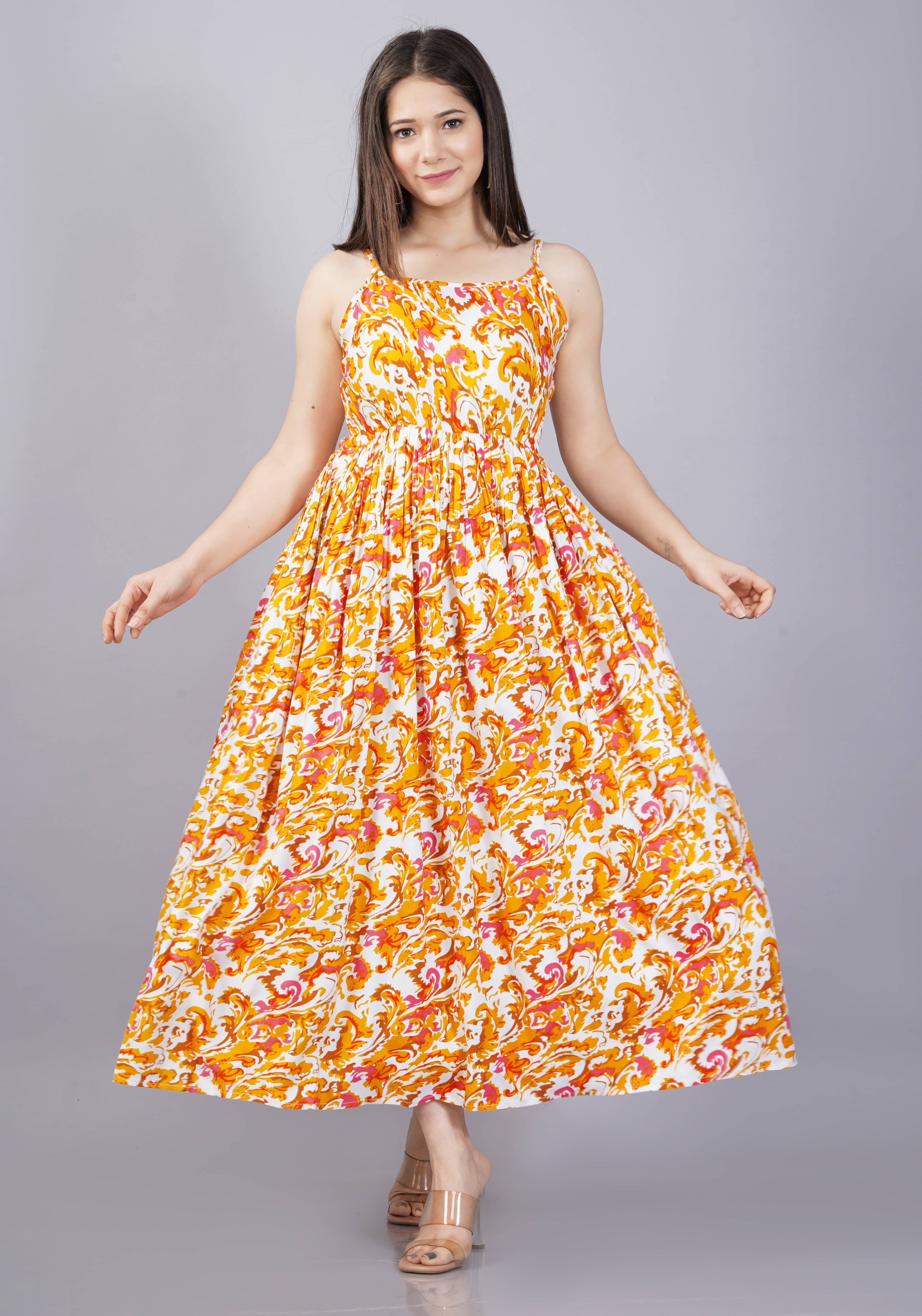     			Bhawanaprint Women Viscose Rayon Printed Fit & Flare Dress ( Orange )