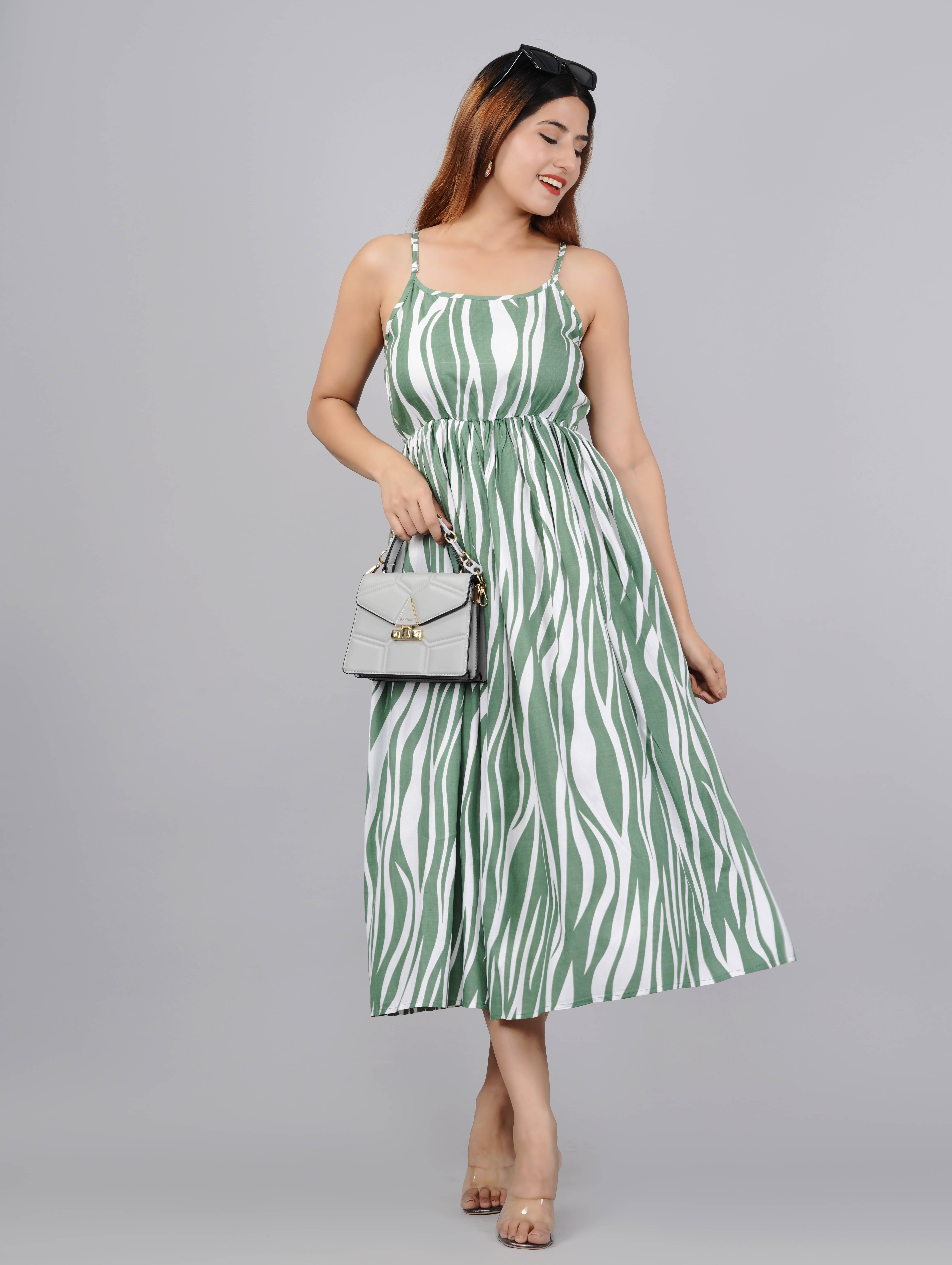 Bhawanaprint Viscose Rayon Striped Calf-Length Women's Fit & Flare Dress - Green ( Pack of 1 ) Bhawanaprint Viscose Rayon Striped Calf-Length Women's Fit & Flare Dress - Green ( Pack of 1 )
