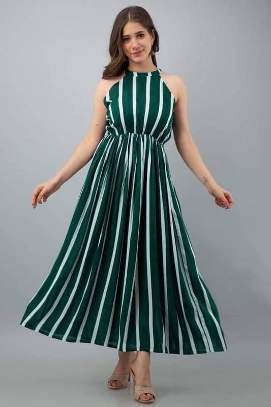     			Bhawanaprint Viscose Rayon Striped Full Length Women's Fit & Flare Dress - Green ( Pack of 1 )
