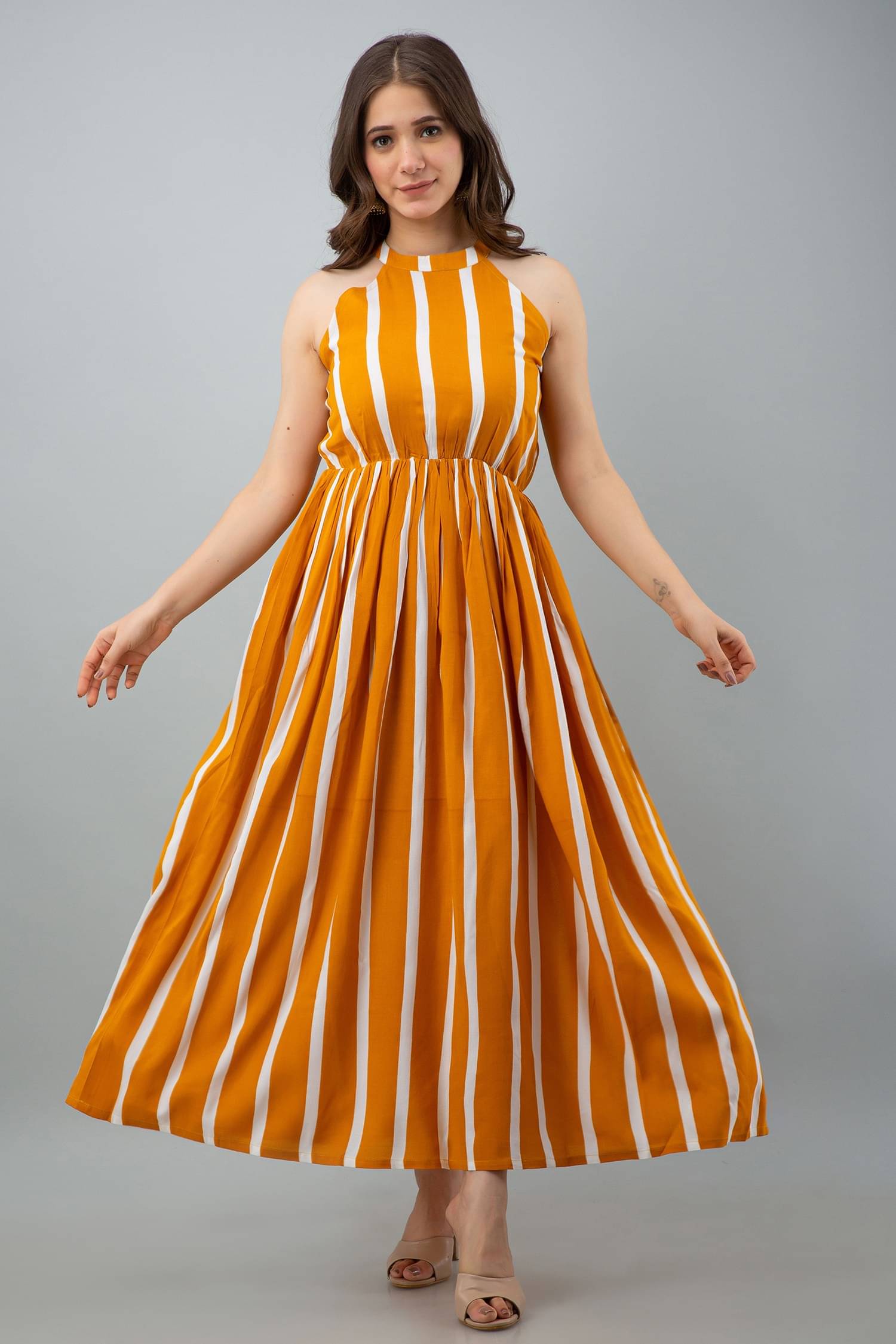     			Bhawanaprint Viscose Rayon Striped Full Length Women's Fit & Flare Dress - Yellow ( Pack of 1 )