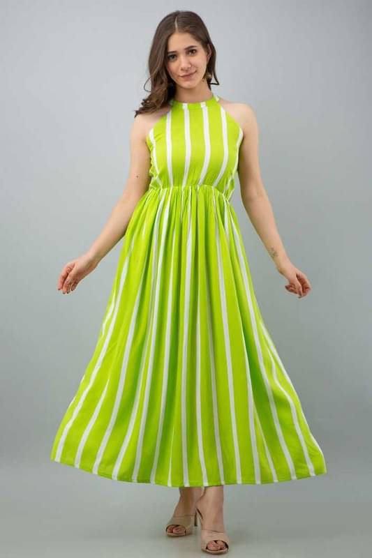     			Bhawanaprint Viscose Rayon Striped Full Length Women's Fit & Flare Dress - Green ( Pack of 1 )