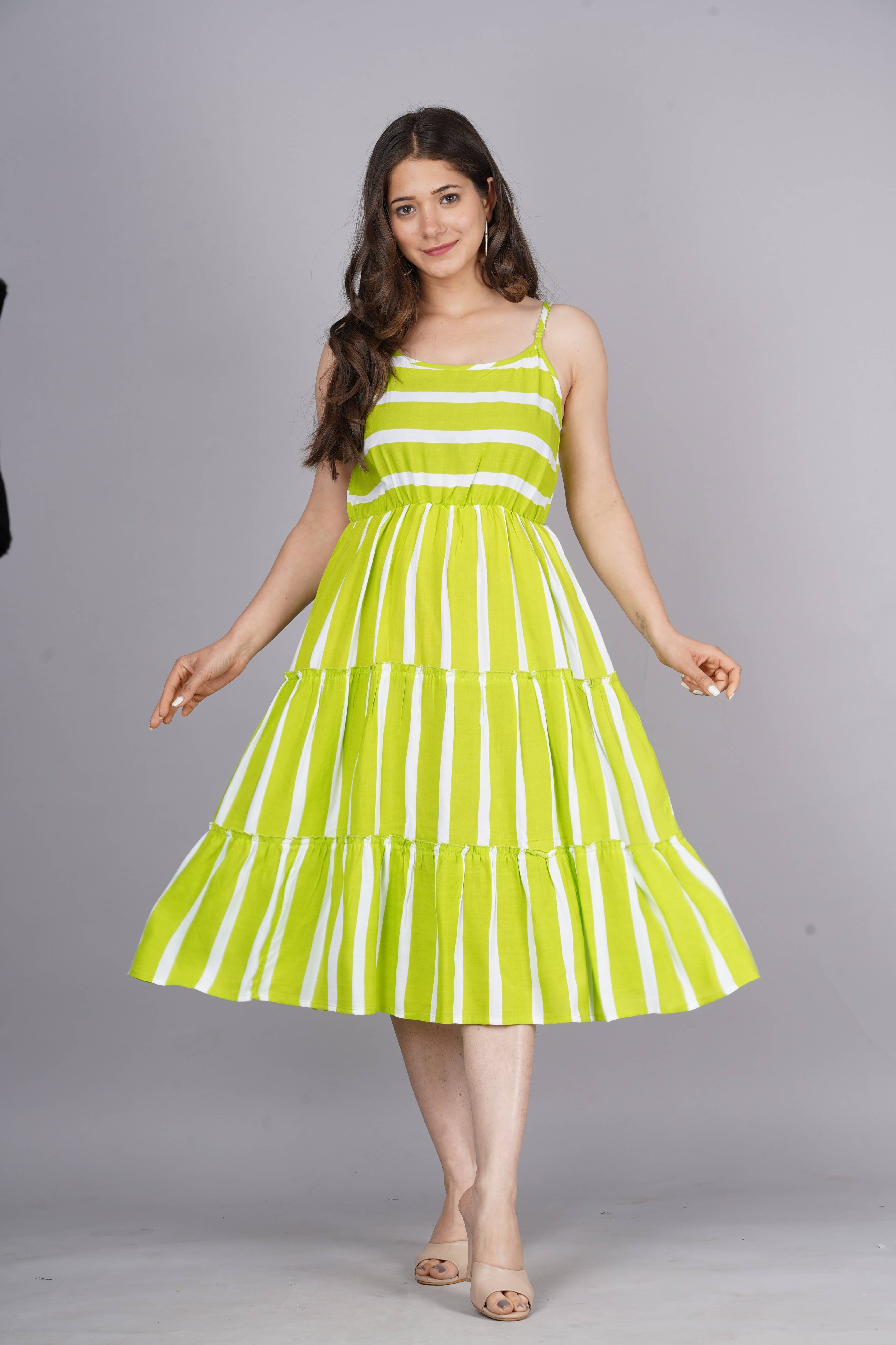     			Bhawanaprint Viscose Rayon Striped Knee Length Women's Fit & Flare Dress - Green ( Pack of 1 )