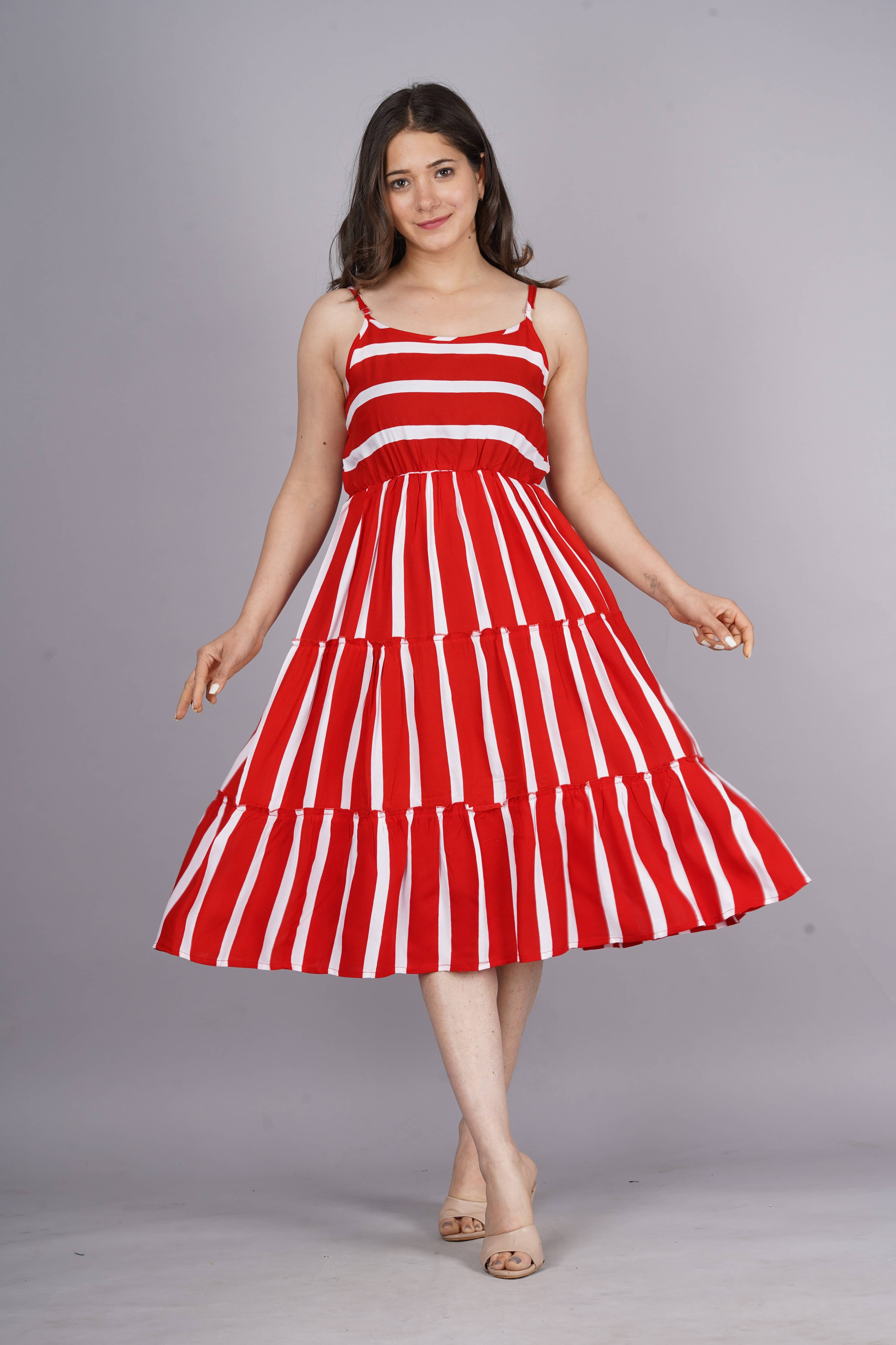 Bhawanaprint Viscose Rayon Striped Knee Length Women's Fit & Flare Dress - Red ( Pack of 1 ) Bhawanaprint Viscose Rayon Striped Knee Length Women's Fit & Flare Dress - Red ( Pack of 1 )