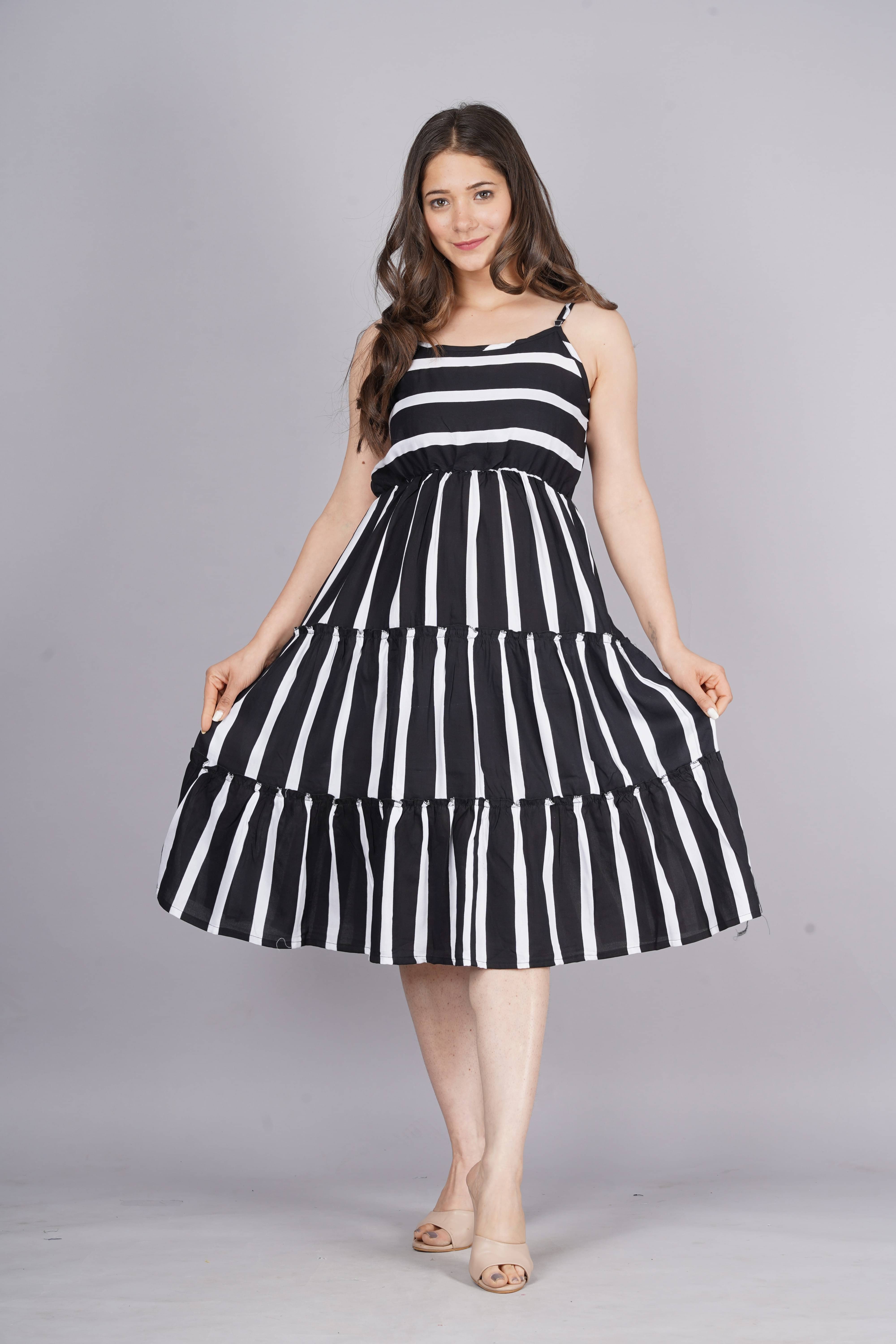     			Bhawanaprint Viscose Rayon Striped Knee Length Women's Fit & Flare Dress - Black ( Pack of 1 )