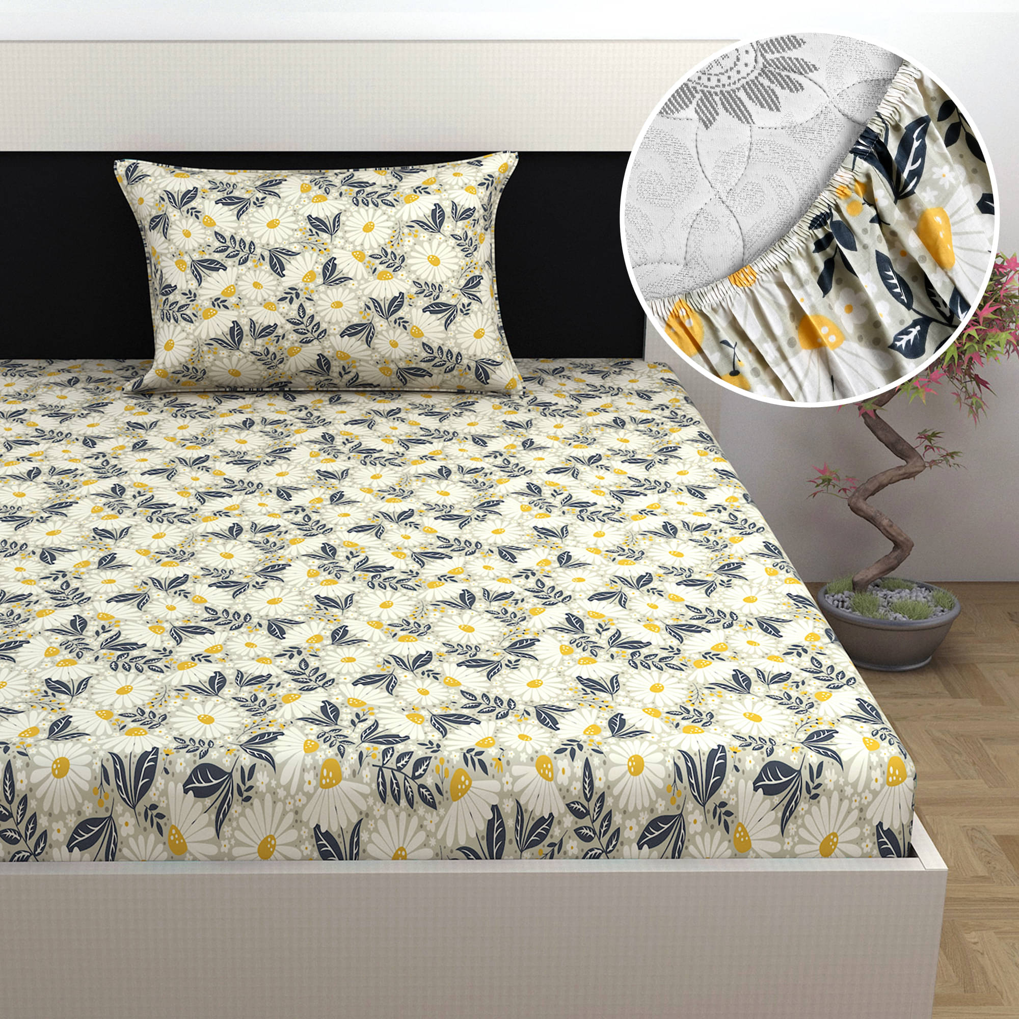    			DIVINE CASA Cotton Floral Fitted Fitted bedsheet with 1 Pillow cover ( Single Bed ) - Yellow