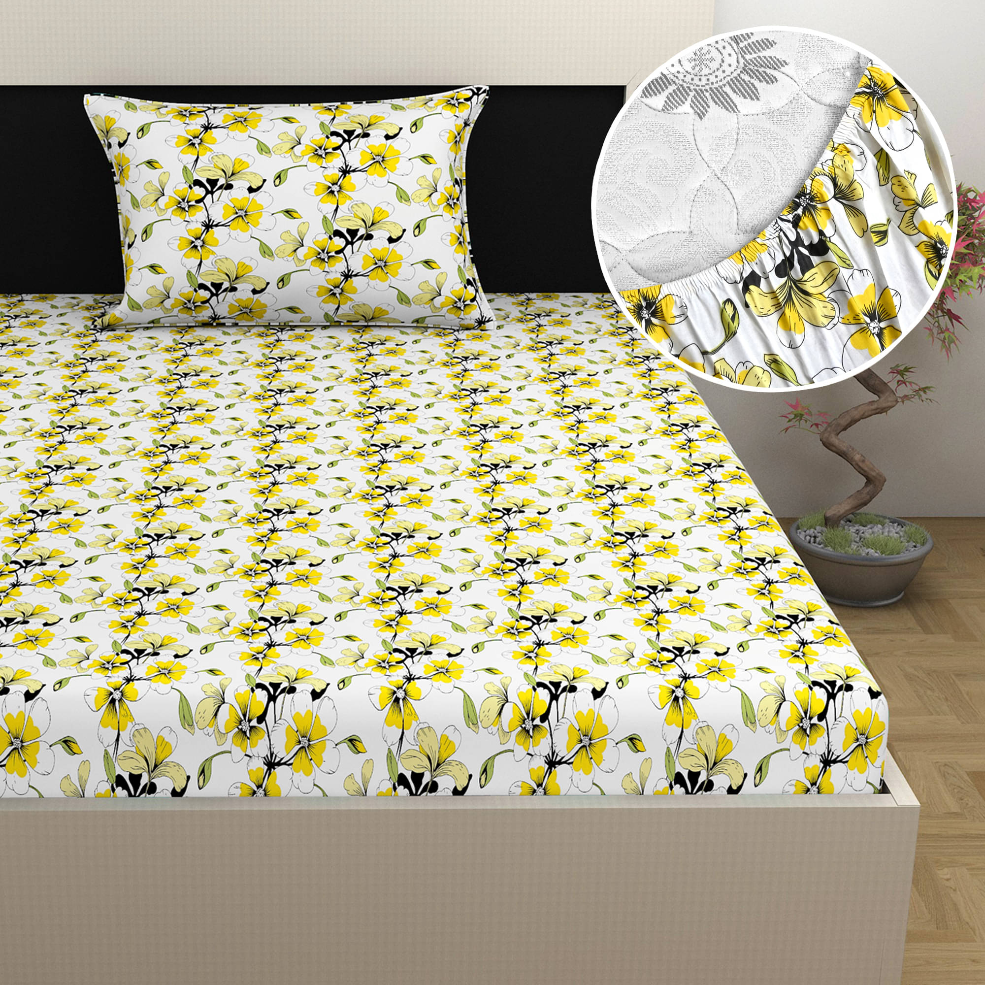DIVINE CASA Cotton Floral Fitted Fitted bedsheet with 1 Pillow cover ( Single Bed ) - Yellow DIVINE CASA Cotton Floral Fitted Fitted bedsheet with 1 Pillow cover ( Single Bed ) - Yellow
