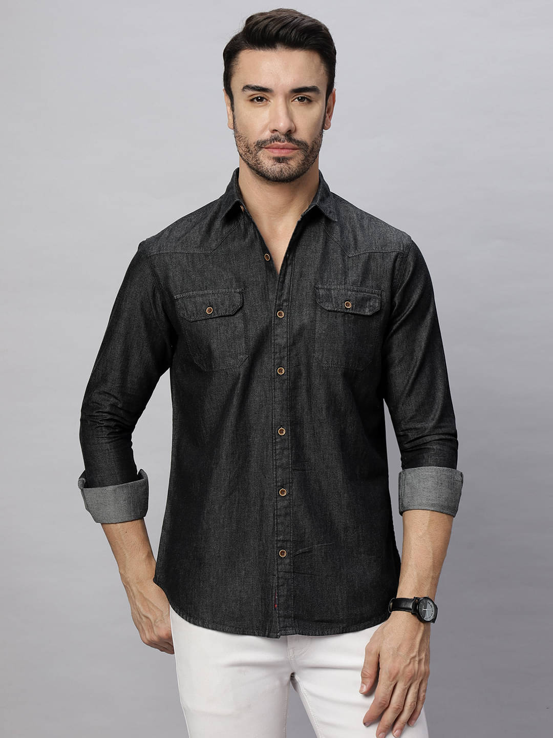 HJ HASASI Denim Regular Fit Solids Full Sleeves Men's Casual Shirt - Black ( Pack of 1 ) HJ HASASI Denim Regular Fit Solids Full Sleeves Men's Casual Shirt - Black ( Pack of 1 )