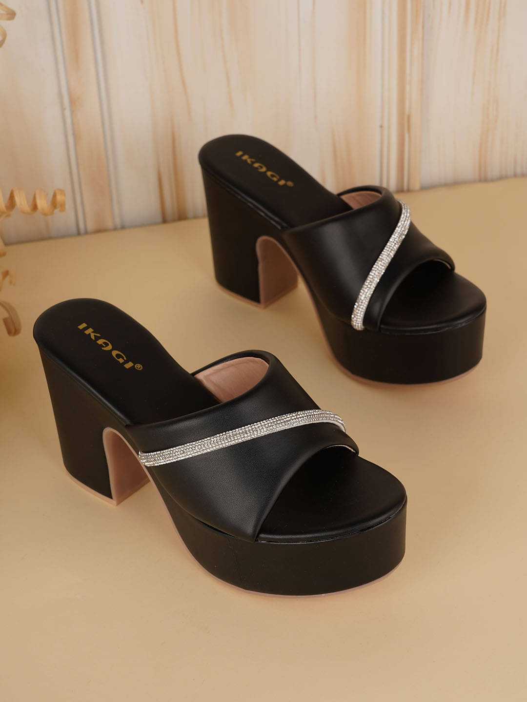     			IKAGI Black Women's Slip On Heels