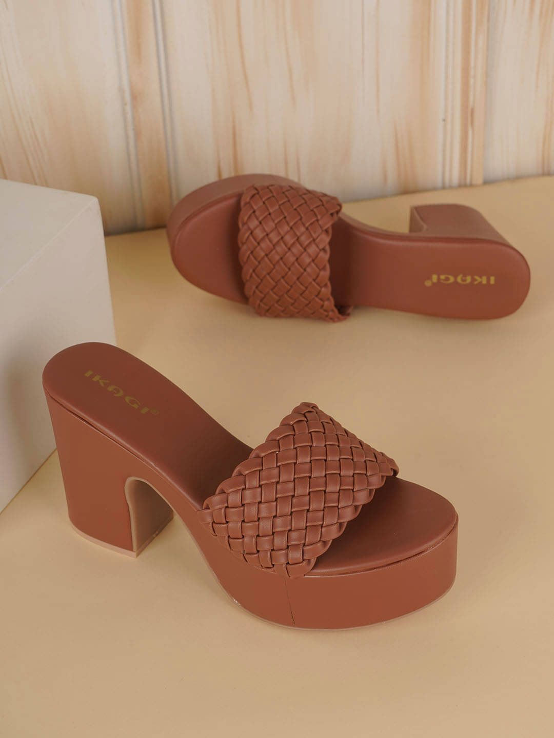    			IKAGI Tan Women's Slip On Heels