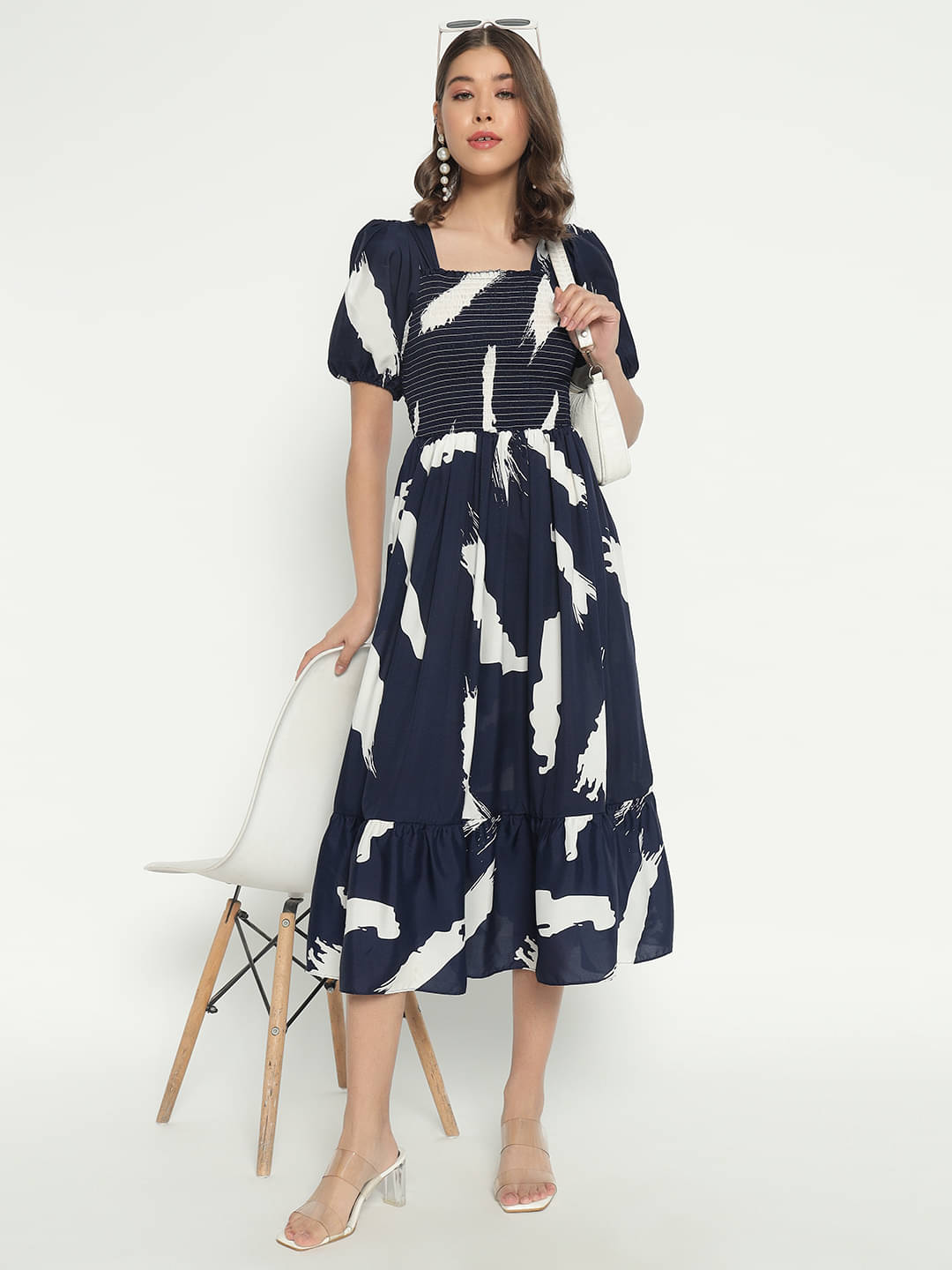 JASH CREATION Women Polyester Printed Fit & Flare Dress ( Navy Blue ) JASH CREATION Women Polyester Printed Fit & Flare Dress ( Navy Blue )