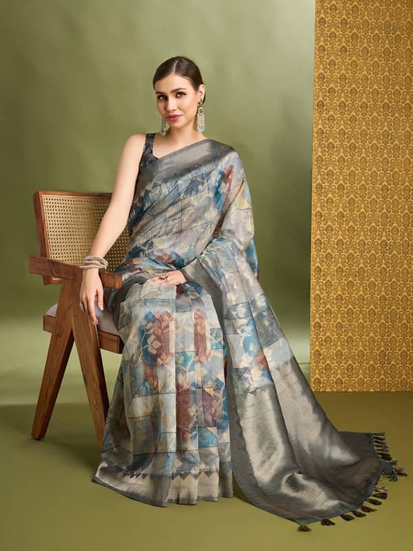 MANTROTSAV Art Silk Printed Saree With Unstitched Blouse Piece ( Dark Grey ) MANTROTSAV Art Silk Printed Saree With Unstitched Blouse Piece ( Dark Grey )