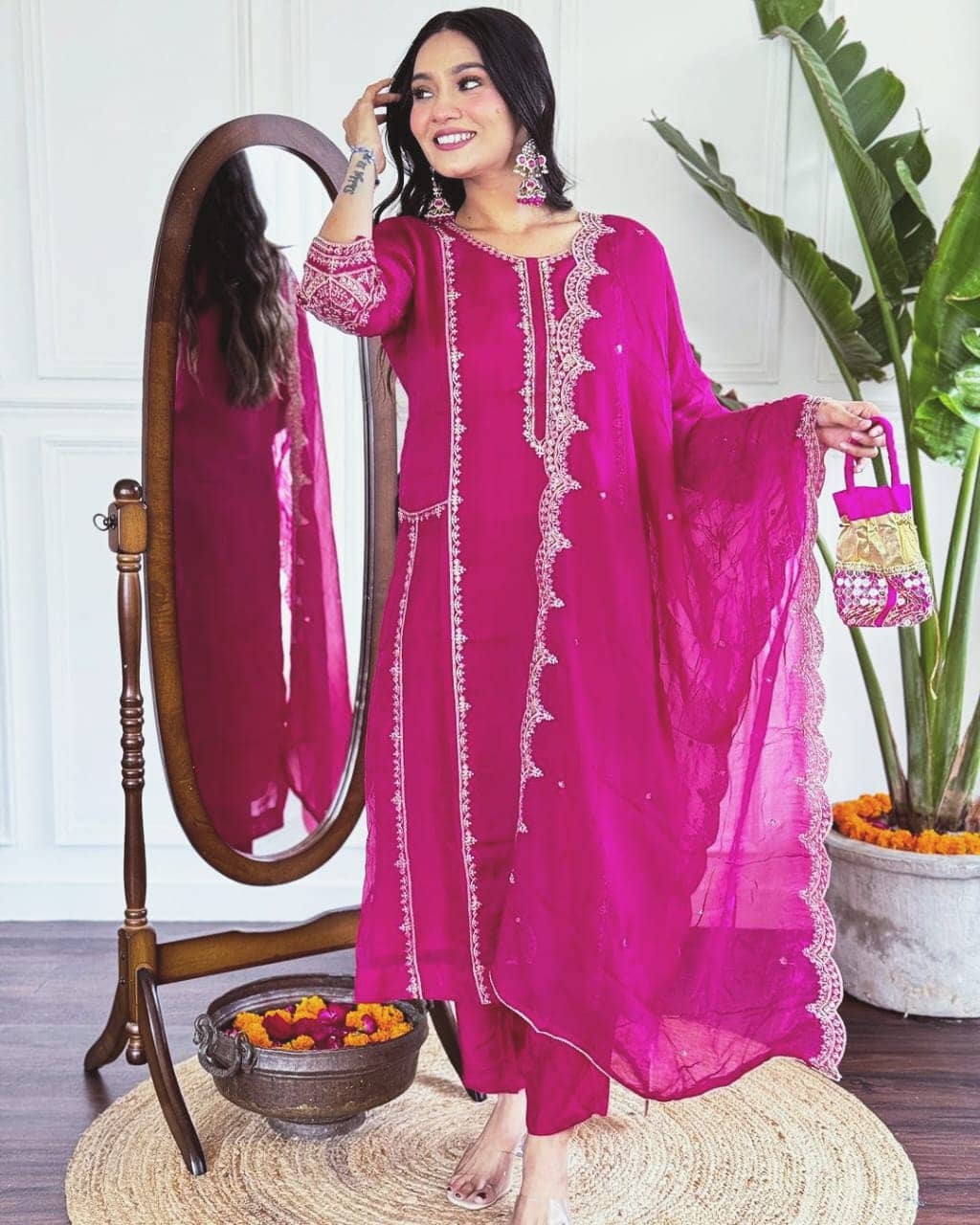 PURVAIYA CREATION Cotton Embellished Kurti With Pants Women's Stitched Salwar Suit - Fluorescent Pink ( Pack of 1 )