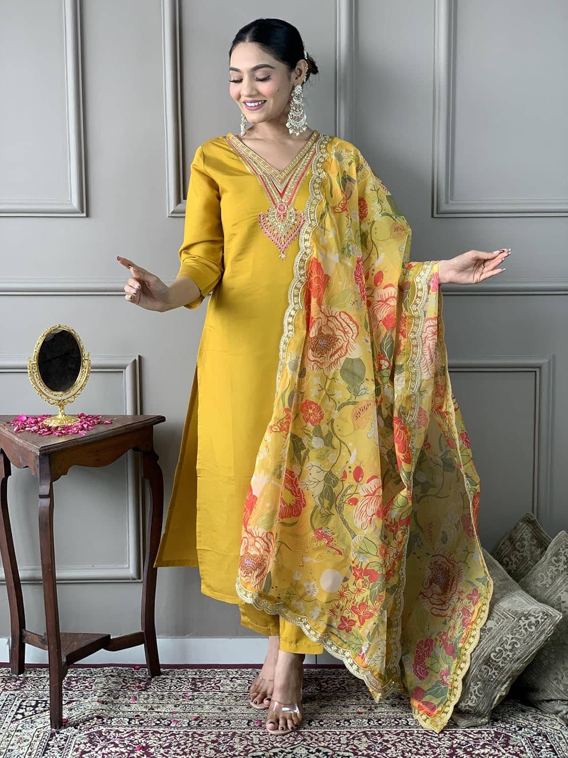 PURVAIYA CREATION Cotton Embellished Kurti With Pants Women's Stitched Salwar Suit - Yellow ( Pack of 1 )