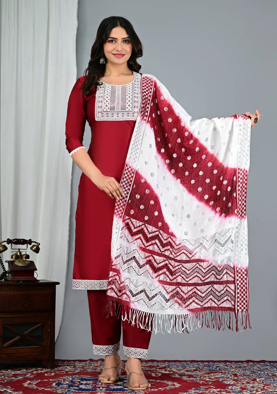     			RAMBAAN CREATION Silk Blend Embroidered Kurti With Pants Women's Stitched Salwar Suit - Maroon ( Pack of 1 )