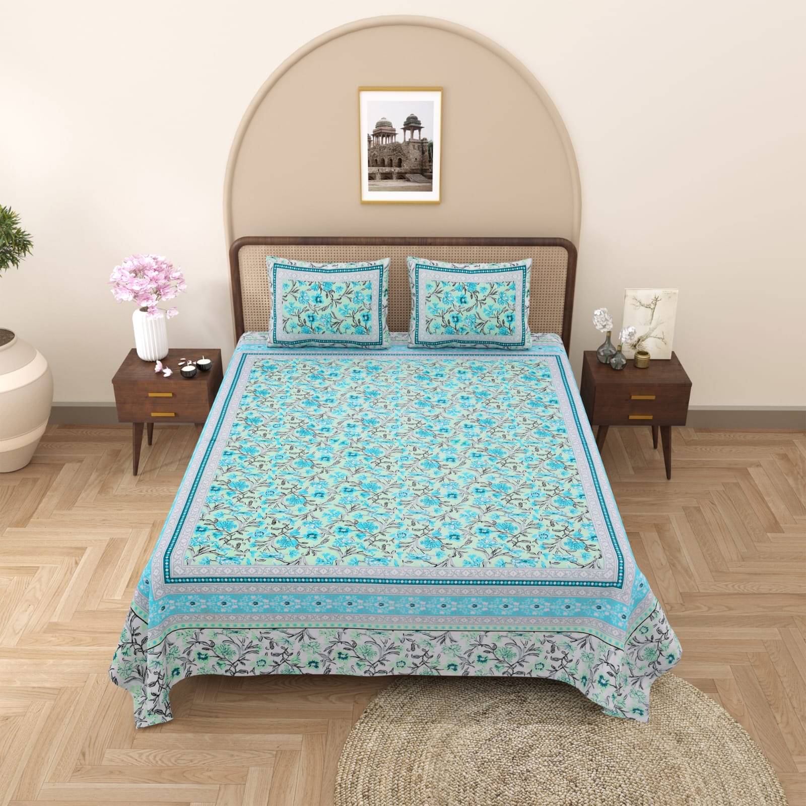     			Shubastik Cotton 1 Double Queen Bedsheet with 2 Pillow Covers ( Blue )