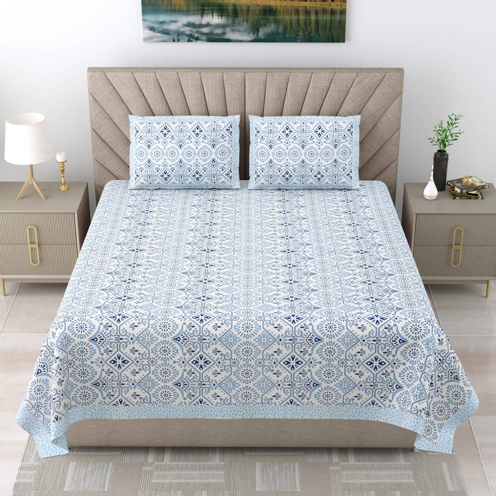 Shubastik Cotton 1 Double Queen Bedsheet with 2 Pillow Covers ( Blue )