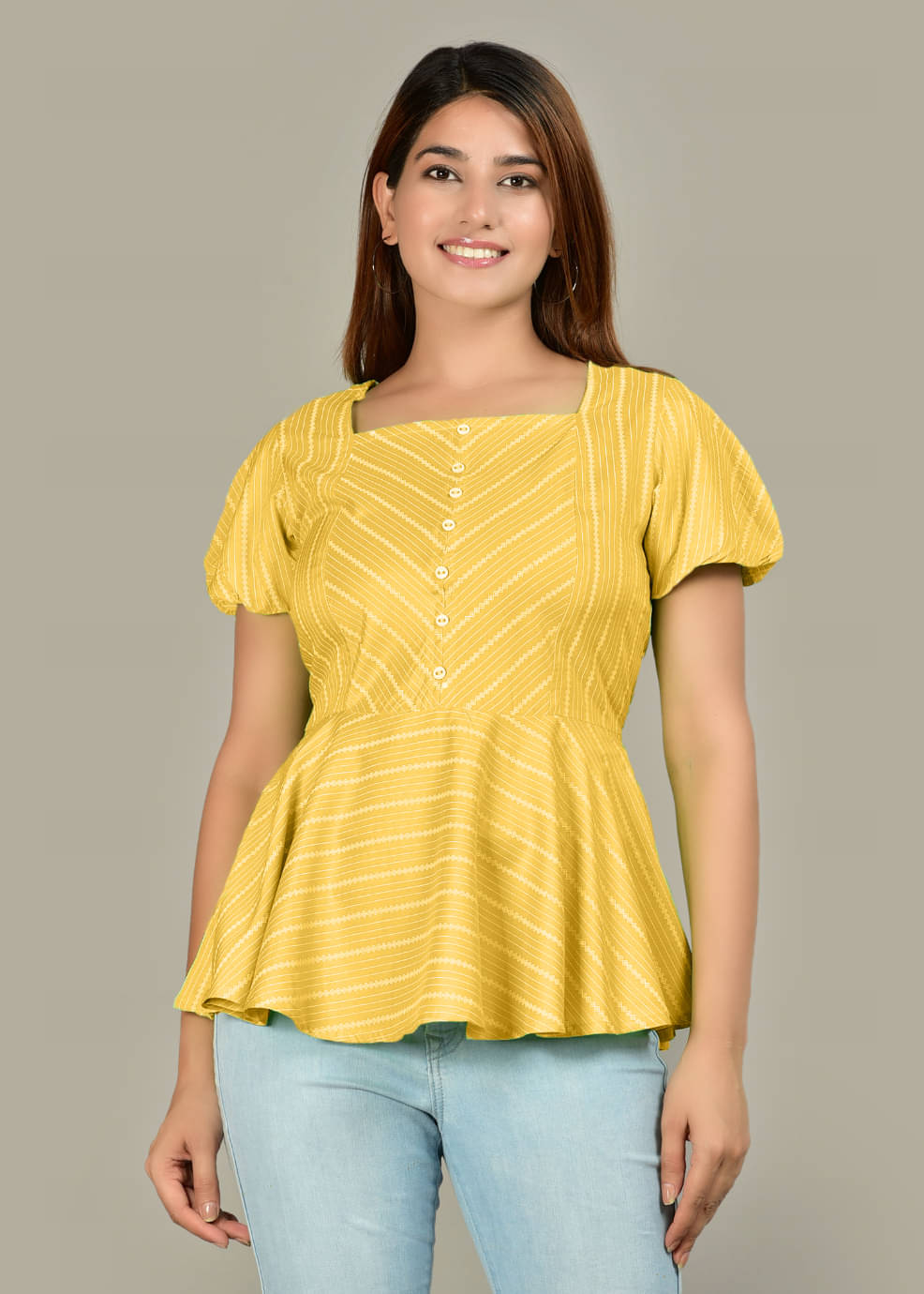 Yash Gallery Mustard Rayon Women's Peplum Top ( Pack of 1 ) Yash Gallery Mustard Rayon Women's Peplum Top ( Pack of 1 )