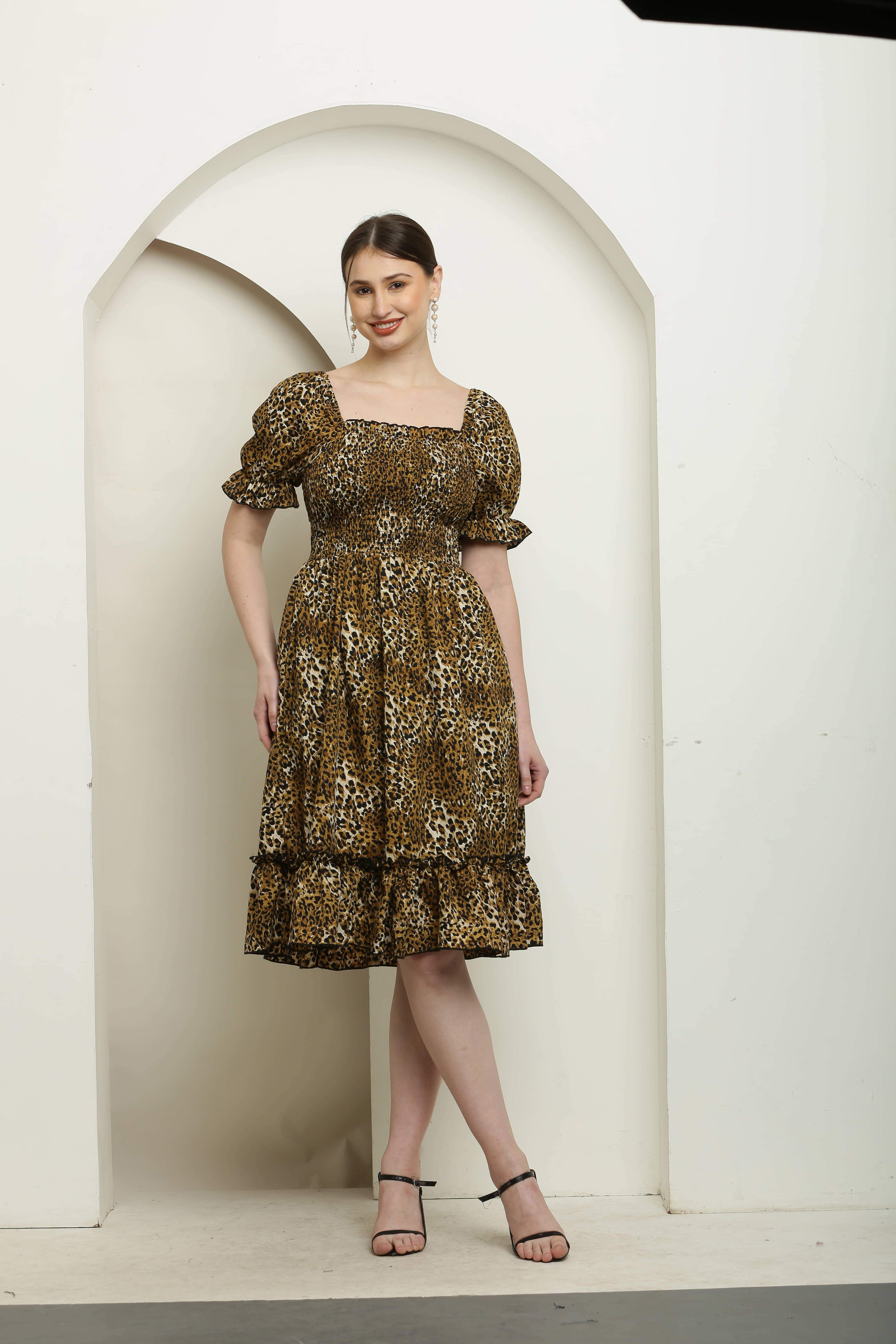     			angad tewatia Women Crepe Printed Fit & Flare Dress ( Brown )