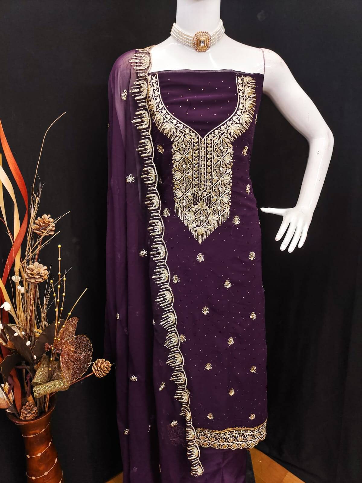 ALSHOP Unstitched Georgette Embellished Dress Material - Wine ( Pack of 1 ) ALSHOP Unstitched Georgette Embellished Dress Material - Wine ( Pack of 1 )