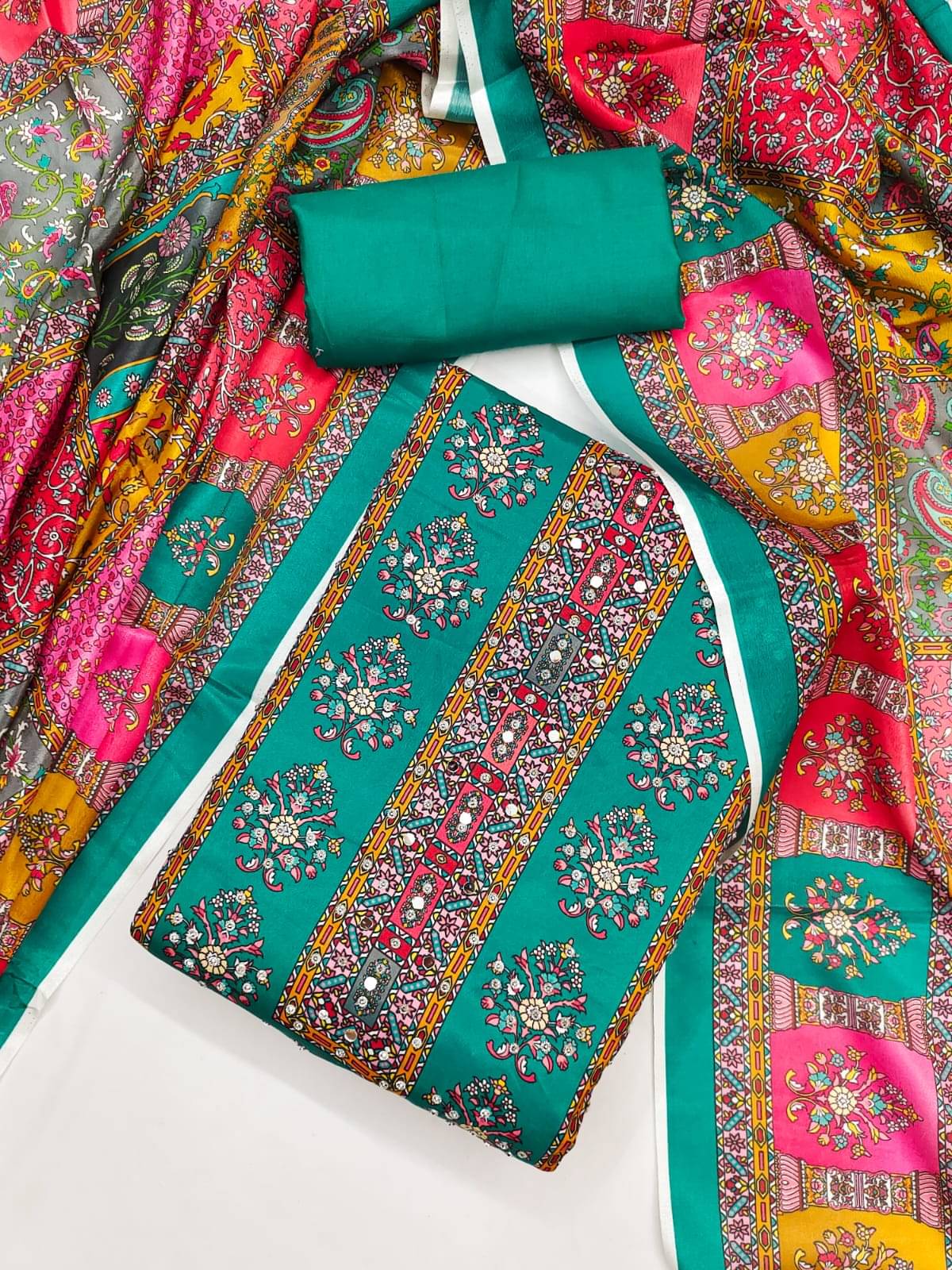     			ALSHOP Unstitched Silk Blend Printed Dress Material - Sea Green ( Pack of 1 )
