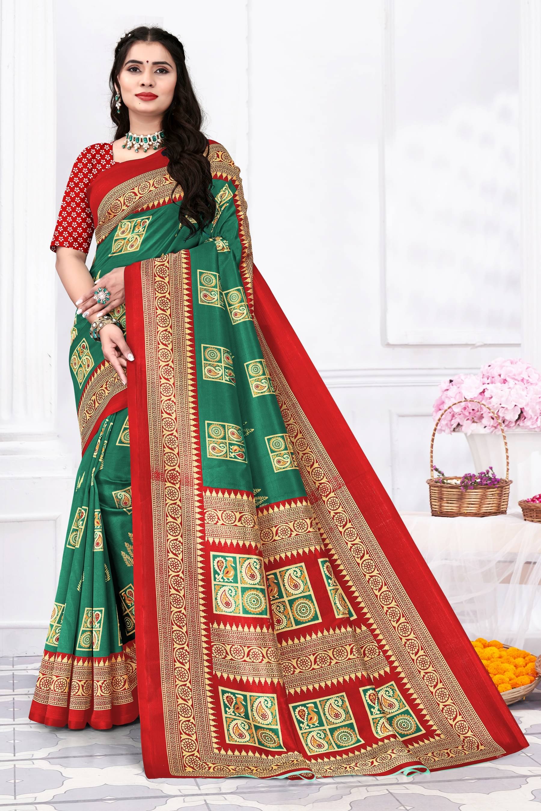 Ambe Creation Art Silk Printed Saree With Unstitched Blouse Piece ( Light Green ) Ambe Creation Art Silk Printed Saree With Unstitched Blouse Piece ( Light Green )