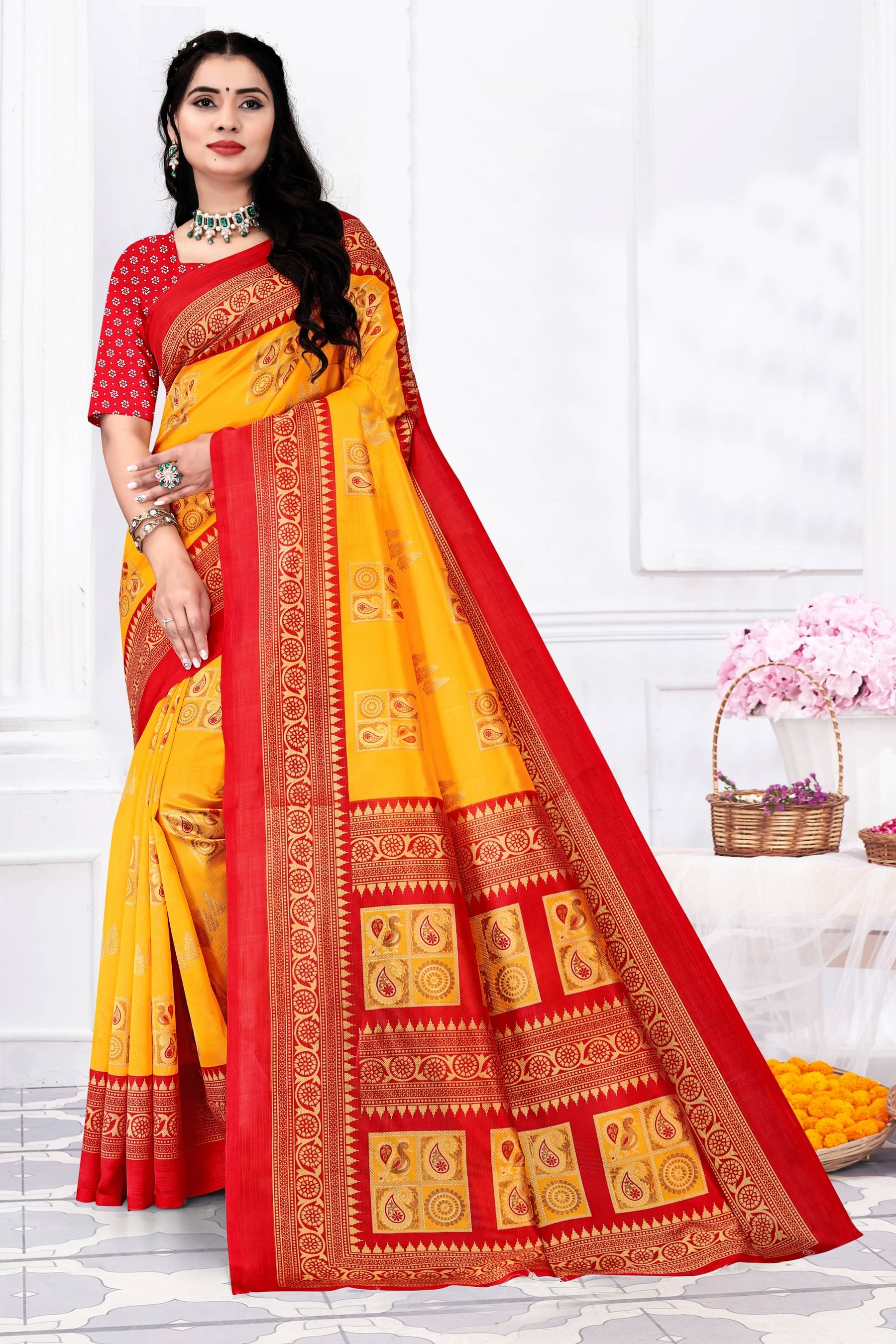 Ambe Creation Art Silk Printed Saree With Unstitched Blouse Piece ( Yellow ) Ambe Creation Art Silk Printed Saree With Unstitched Blouse Piece ( Yellow )