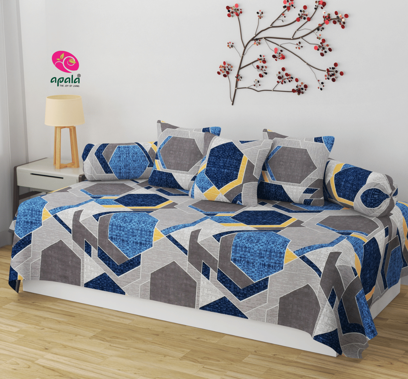 Apala Cotton Geometric Diwan Set 6 Pcs - Blue