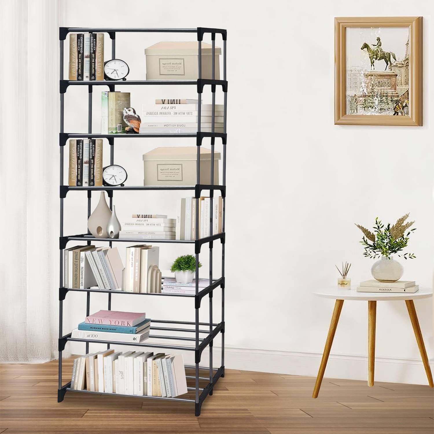     			BHIMADA 8 Layer Open Bookcase Rack With Metal Pipe Book Stand Storage for Home & Office (Silver)
