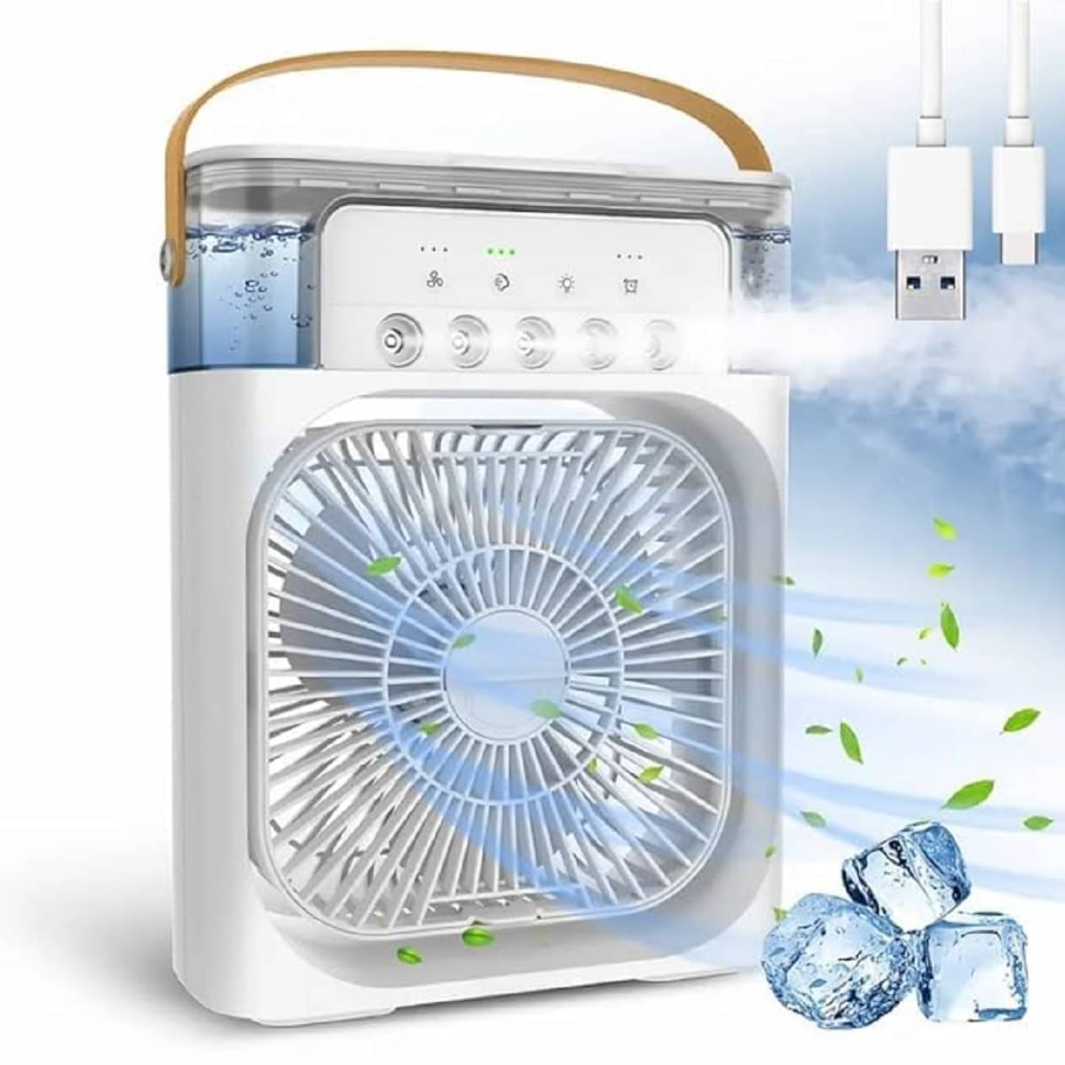    			DENFE  Portable Humidifier Air Cooler Mist Fan Mini Cooler with 3 Speed Modes, Water Spray, LED Lights, and Timer - USB Personal Desk Fan for Home, Office, Shop