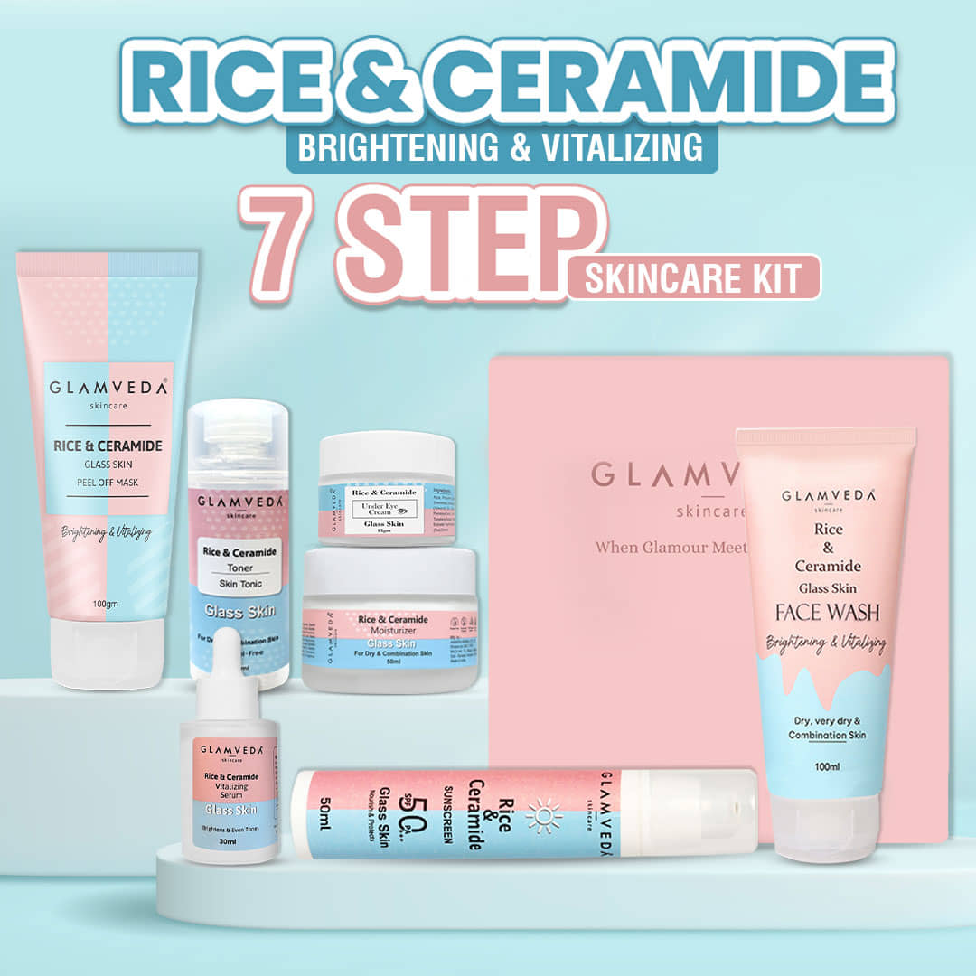 Glamveda Korean Glass Skin Rice & Ceramide 7 Step Weekly Skincare Routine For Women with Gift Box | Face wash, Peel Off Mask, Toner, Serum, Under eye cream, Moisturizer & Sunscreen