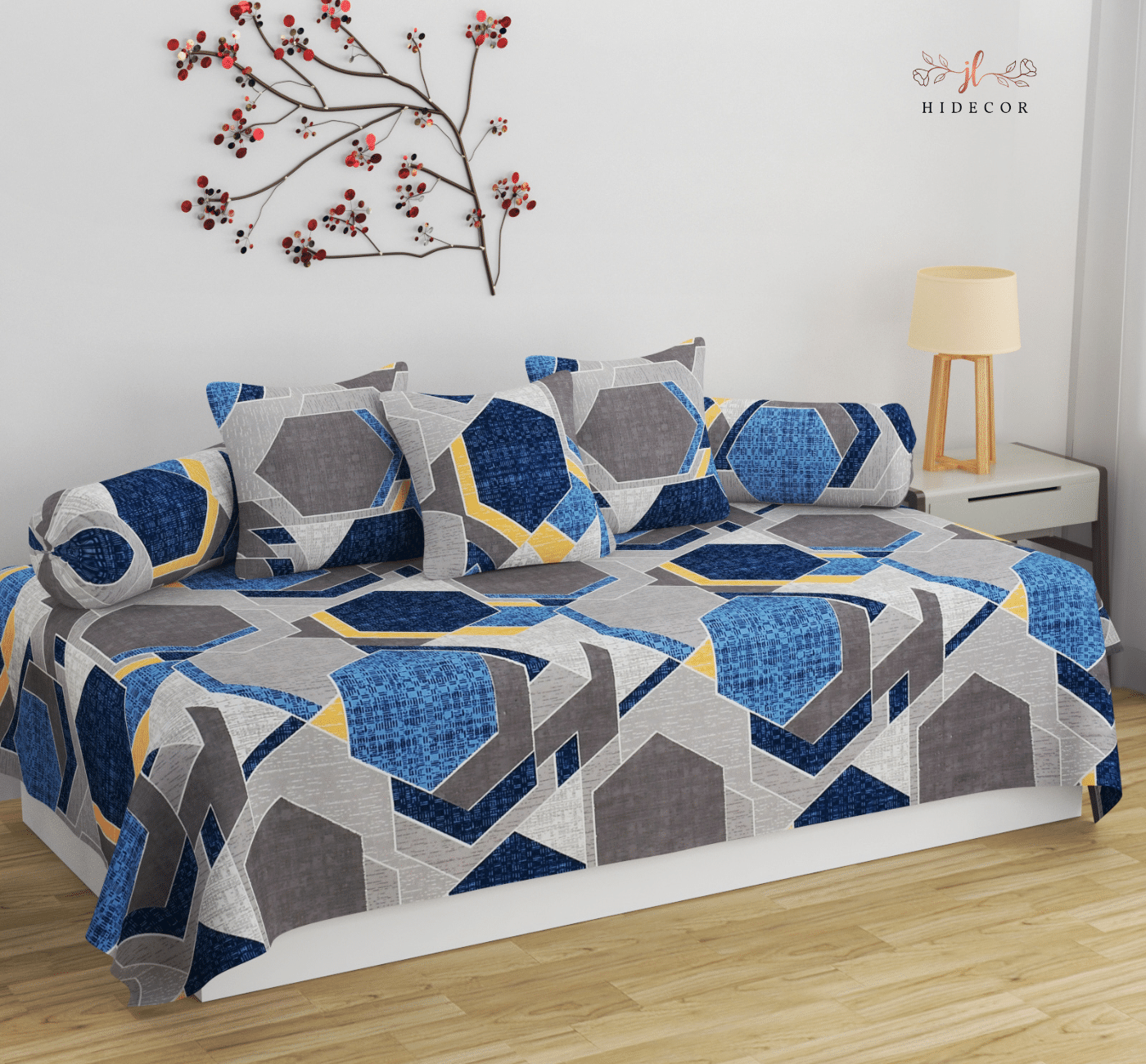 HIDECOR Cotton Geometric Diwan Set 6 Pcs - Blue HIDECOR Cotton Geometric Diwan Set 6 Pcs - Blue