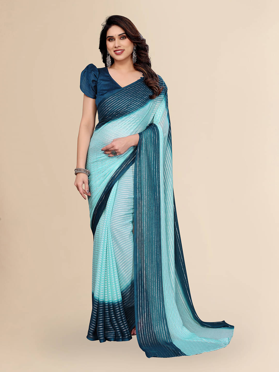 Kashvi Sarees Georgette Striped Saree With Unstitched Blouse Piece ( Green ) Kashvi Sarees Georgette Striped Saree With Unstitched Blouse Piece ( Green )
