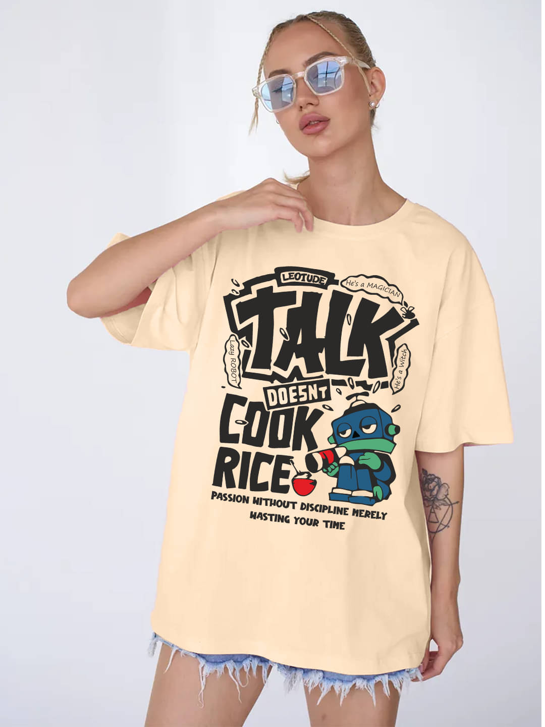 Leotude Women Cotton Blend Printed Oversized Fit Round Neck T-Shirt ( Beige ) Leotude Women Cotton Blend Printed Oversized Fit Round Neck T-Shirt ( Beige )